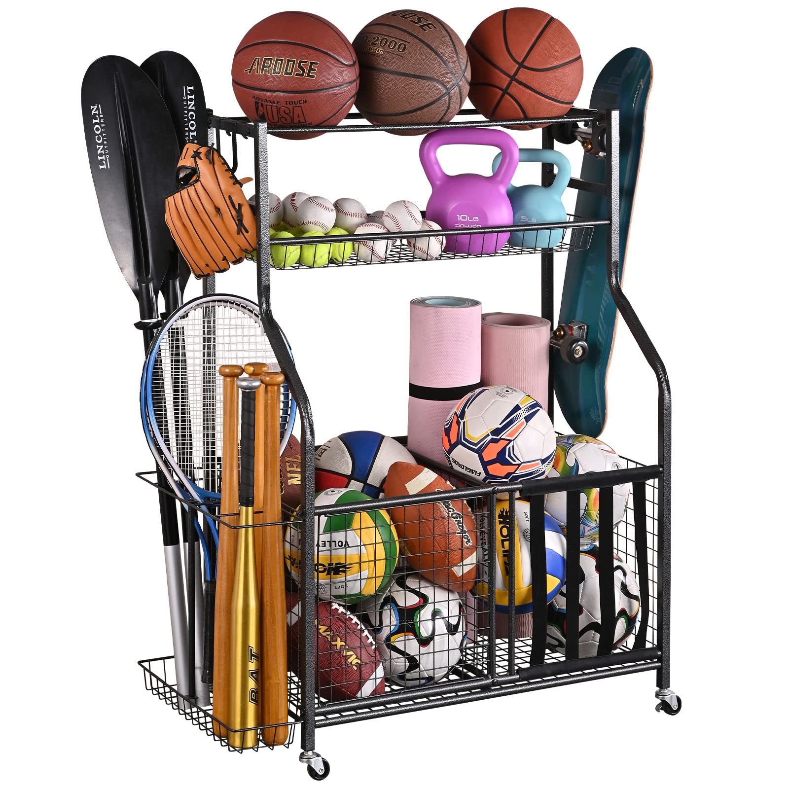 Mythinglogic Rolling Sports Ball Storage Cart - Lockable Ball Organizer with Elastic Straps, Baskets & Hooks | Garage Storage System for Basketballs, Soccer Balls & Sports Equipment | Perfect for Home Gym, Playroom & Sports Facility Organization