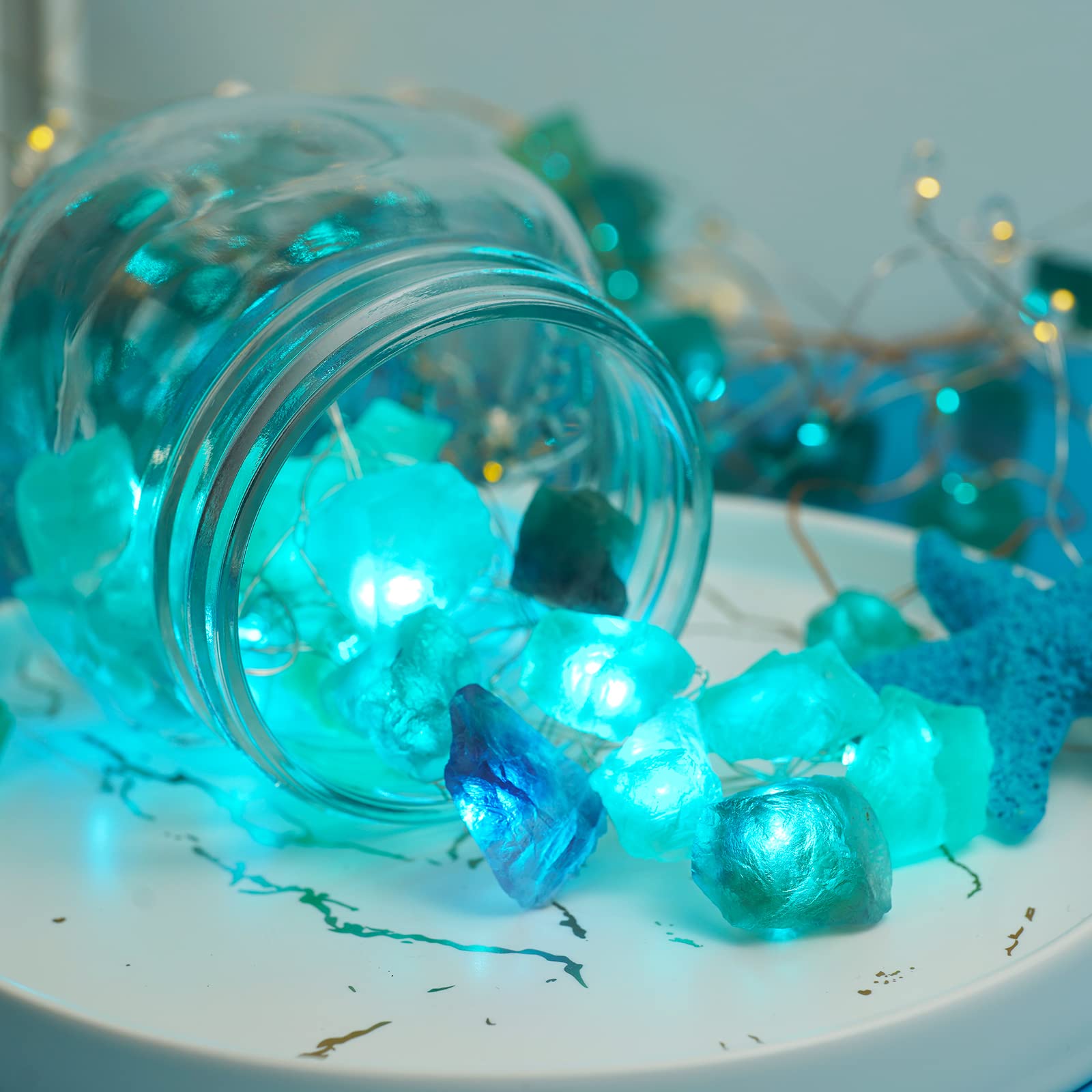 BOHON 20 LED Natural Fluorite & Sea Glass String Lights - 6.5ft Battery Operated with Remote Control - Raw Stone Decorative Lighting for Bedroom, Party, Indoor, Christmas & Wedding Decor - Perfect for Home Ambiance, Holiday Celebrations and Romantic Settings