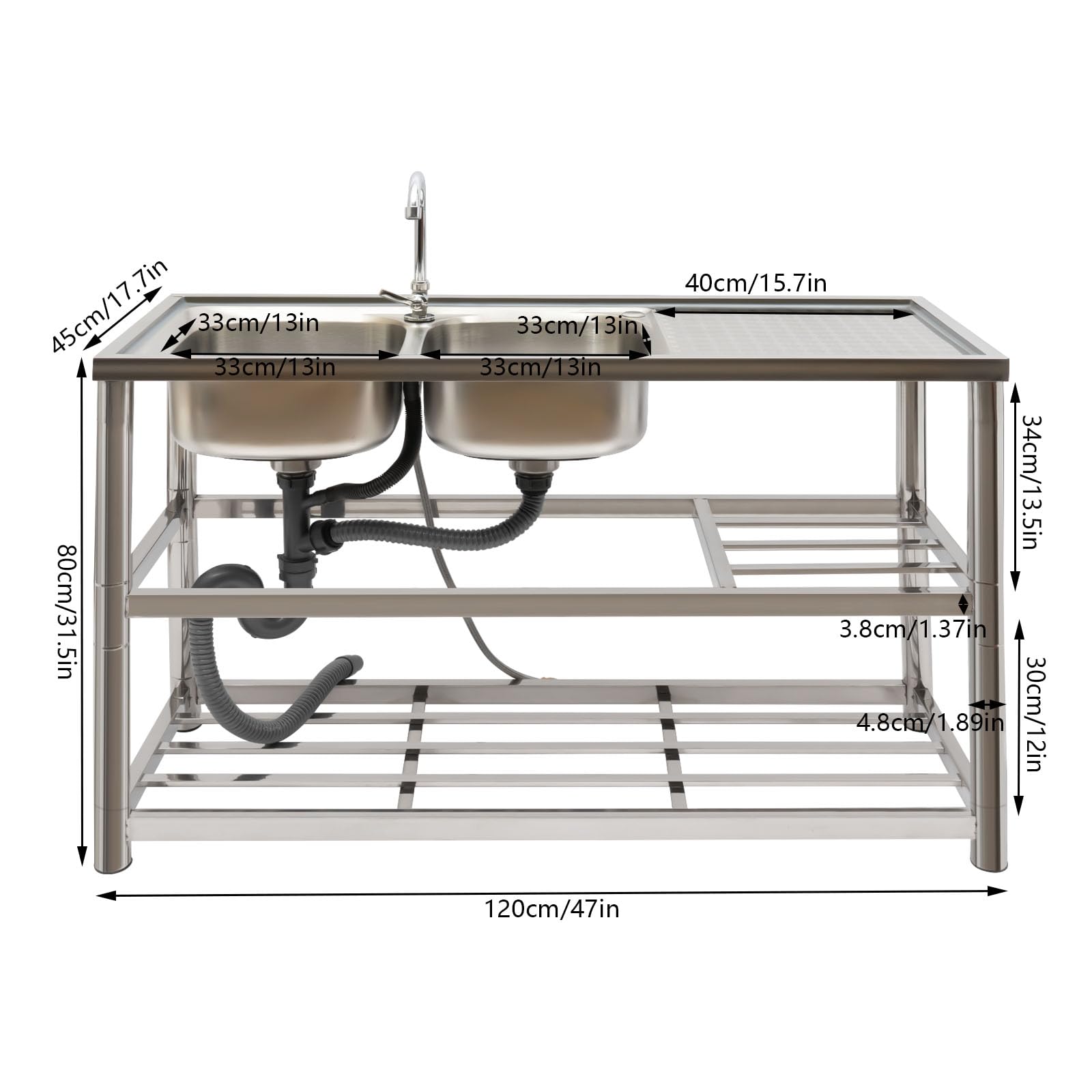Commercial Stainless Steel Kitchen Sink Set with Double Bowls - Spacious Restaurant-Grade Sink Kit for Professional Kitchens, Food Trucks & Outdoor Cooking Areas
