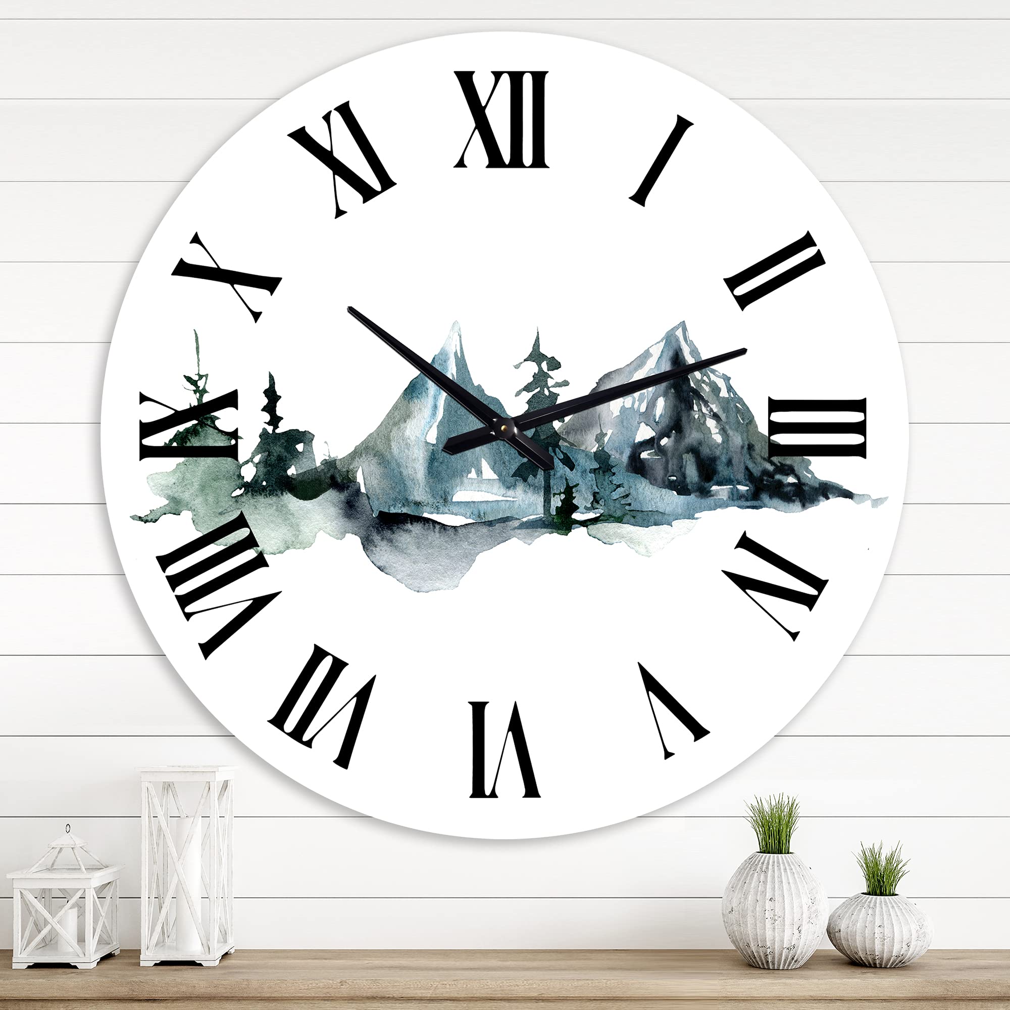 Minimalist Winter Mountains & Fir Forest Wall Clock - Large Modern Office Decor for Home, Living Room, or Workspace - Nature-Inspired Landscape Design