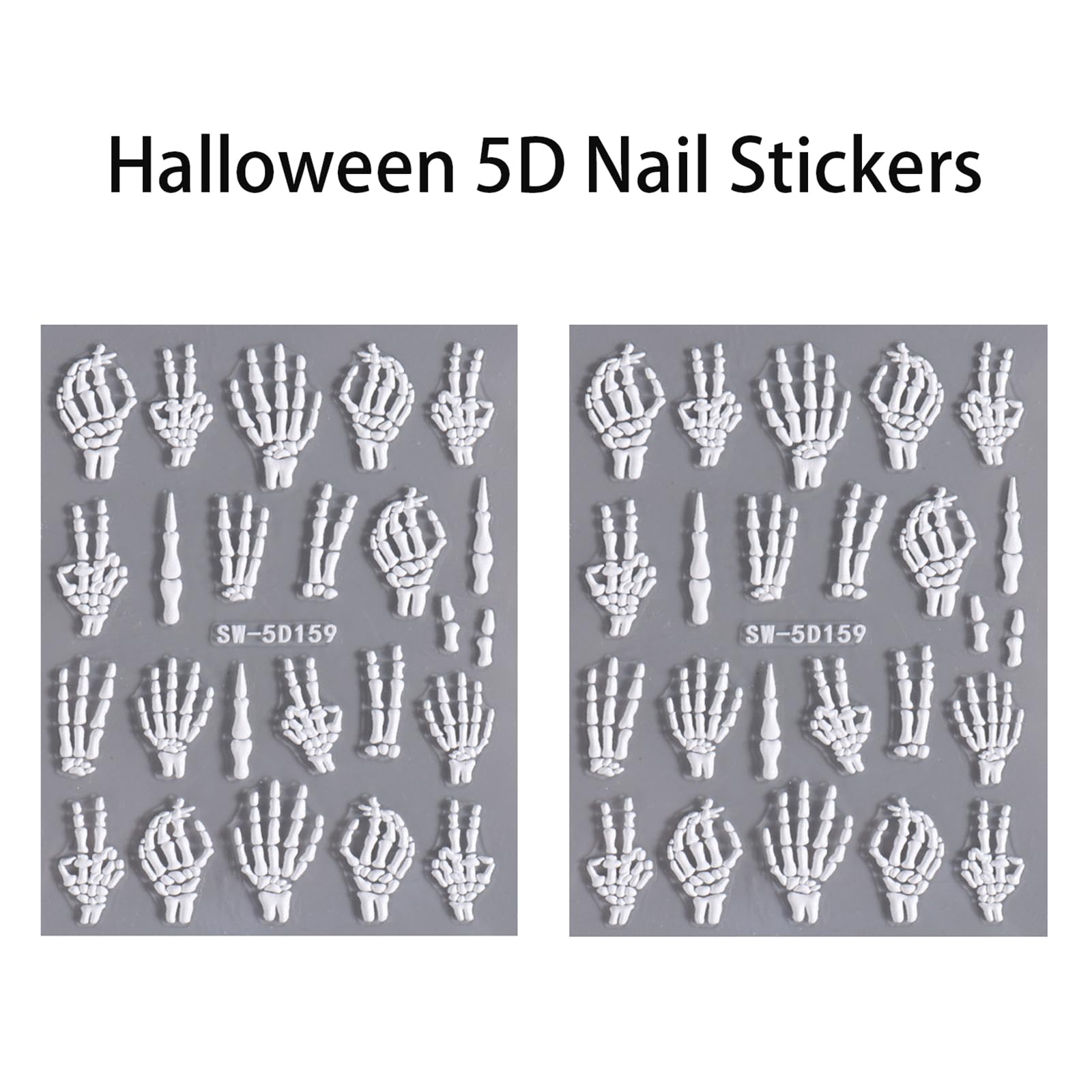 2 Sheets Halloween Nail Art Stickers - 5D Embossed White Skull & Skeleton Bones Nail Decals for Women - Spooky DIY Manicure Supplies for Halloween Parties, Cosplay & Nail Salon Designs