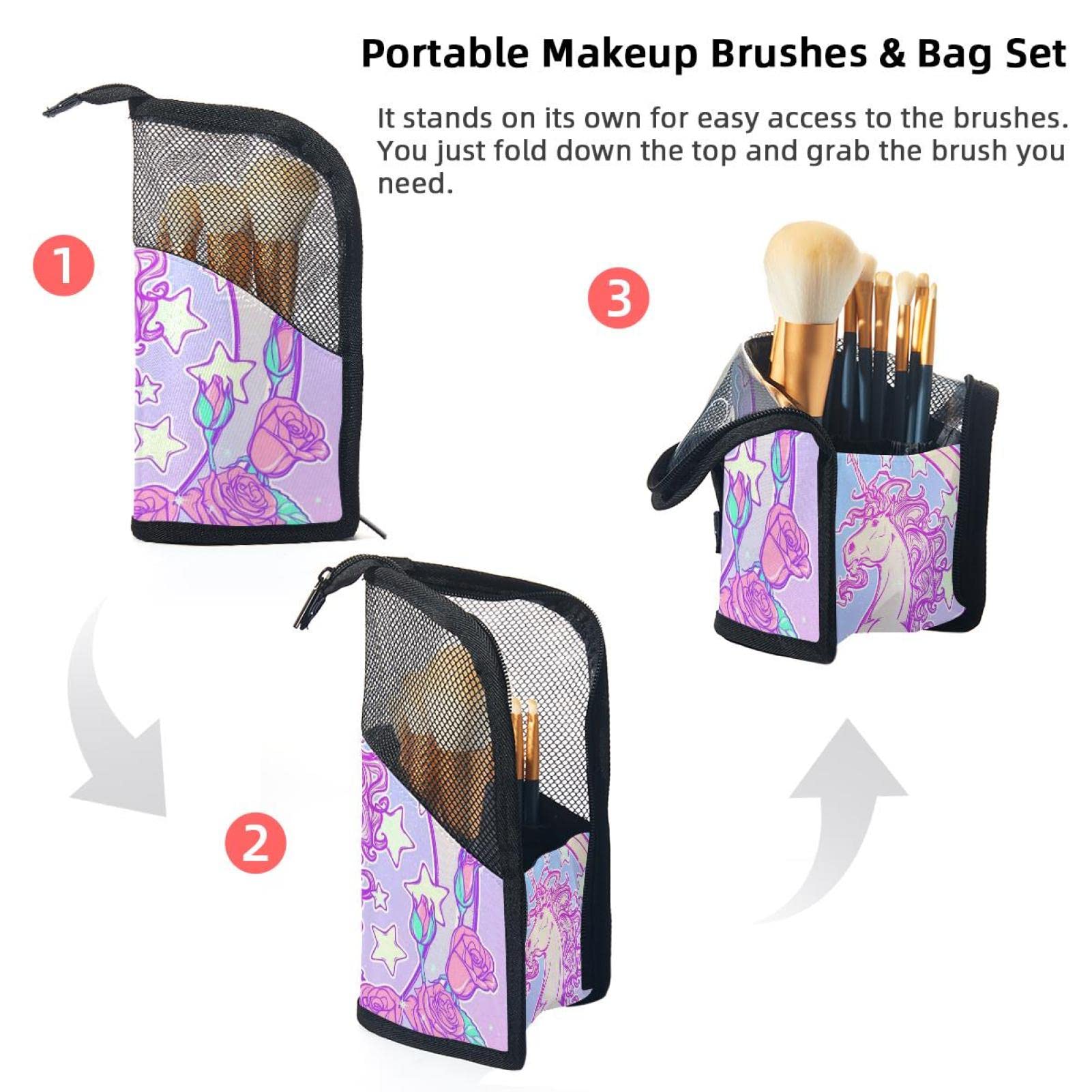Pastel Flower Moon & Unicorn Makeup Brush Organizer Bag with 12 Brush Holder - Portable Cosmetic Brush Case for Travel, Home Vanity & Professional Makeup Artists