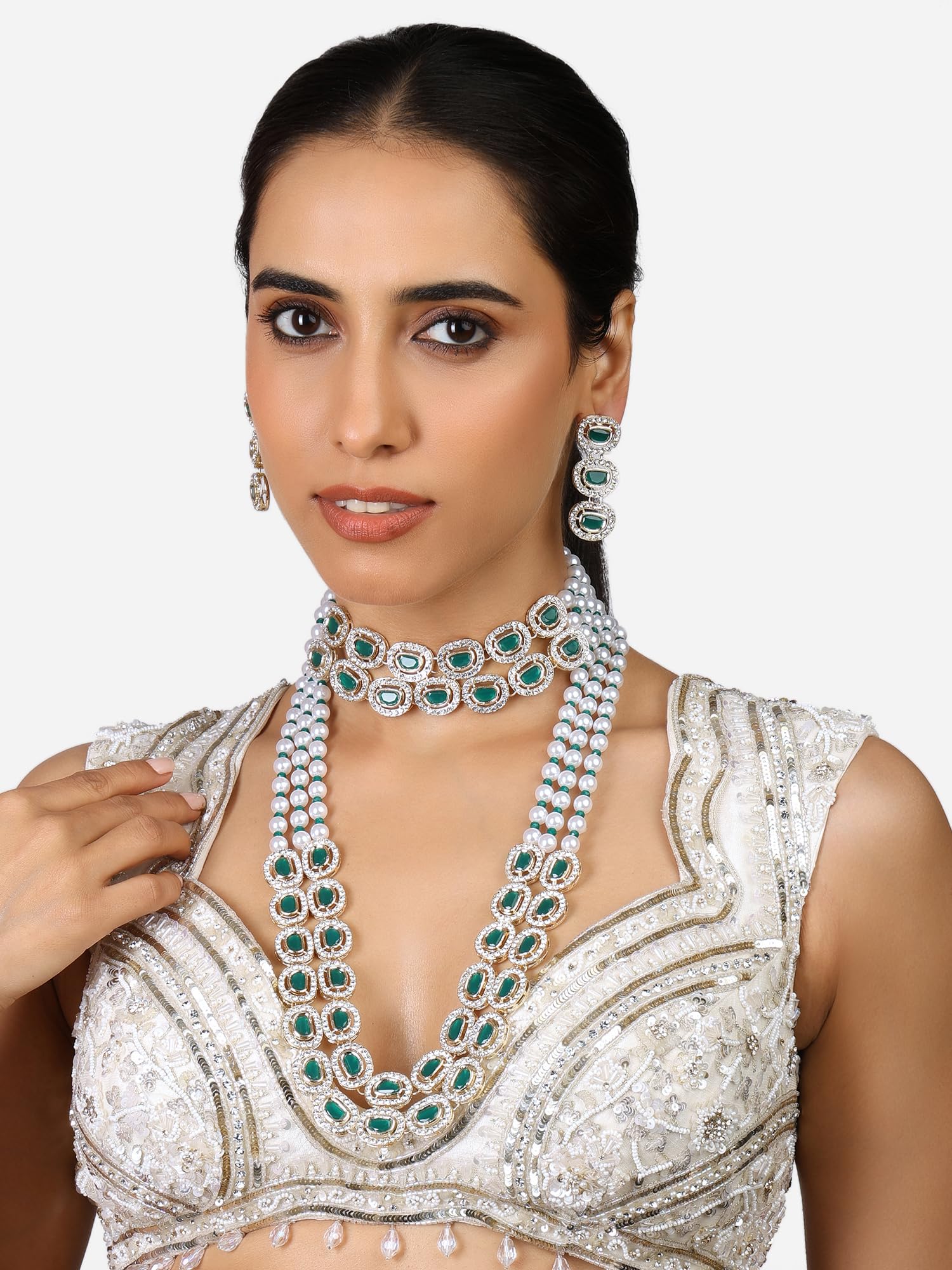 ZAVERI PEARLS Green Stone Beads & Austrian Diamond Bridal Choker Necklace Set with Earrings for Women - ZPFK17342 | Wedding, Party & Evening Wear Jewelry