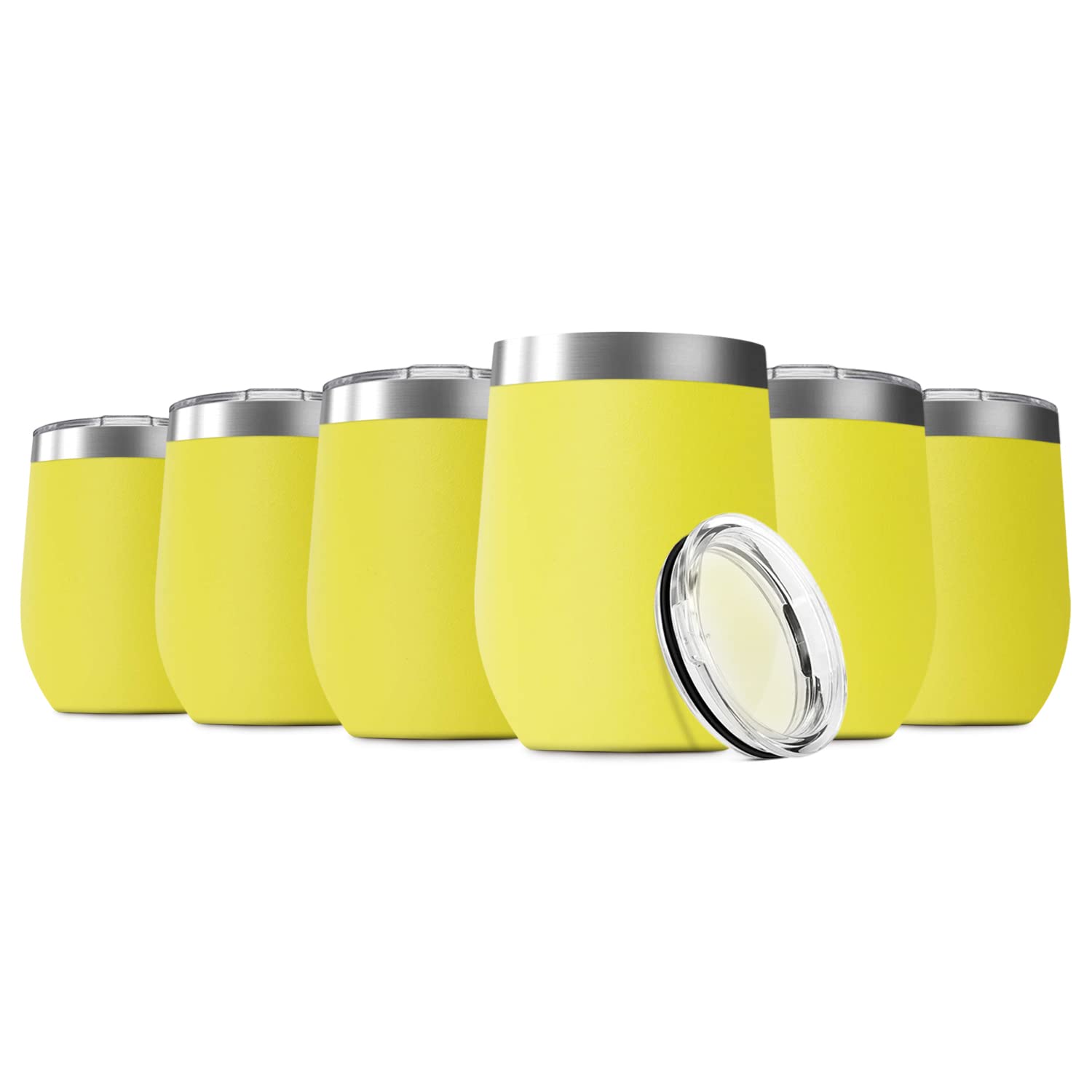 Deitybless 12oz Stainless Steel Wine Tumbler with Lid - Double Wall Vacuum Insulated Stemless Cups for Travel, Picnics & Parties (Set of 6, Yellow) - Keeps Drinks Hot & Cold for Hours