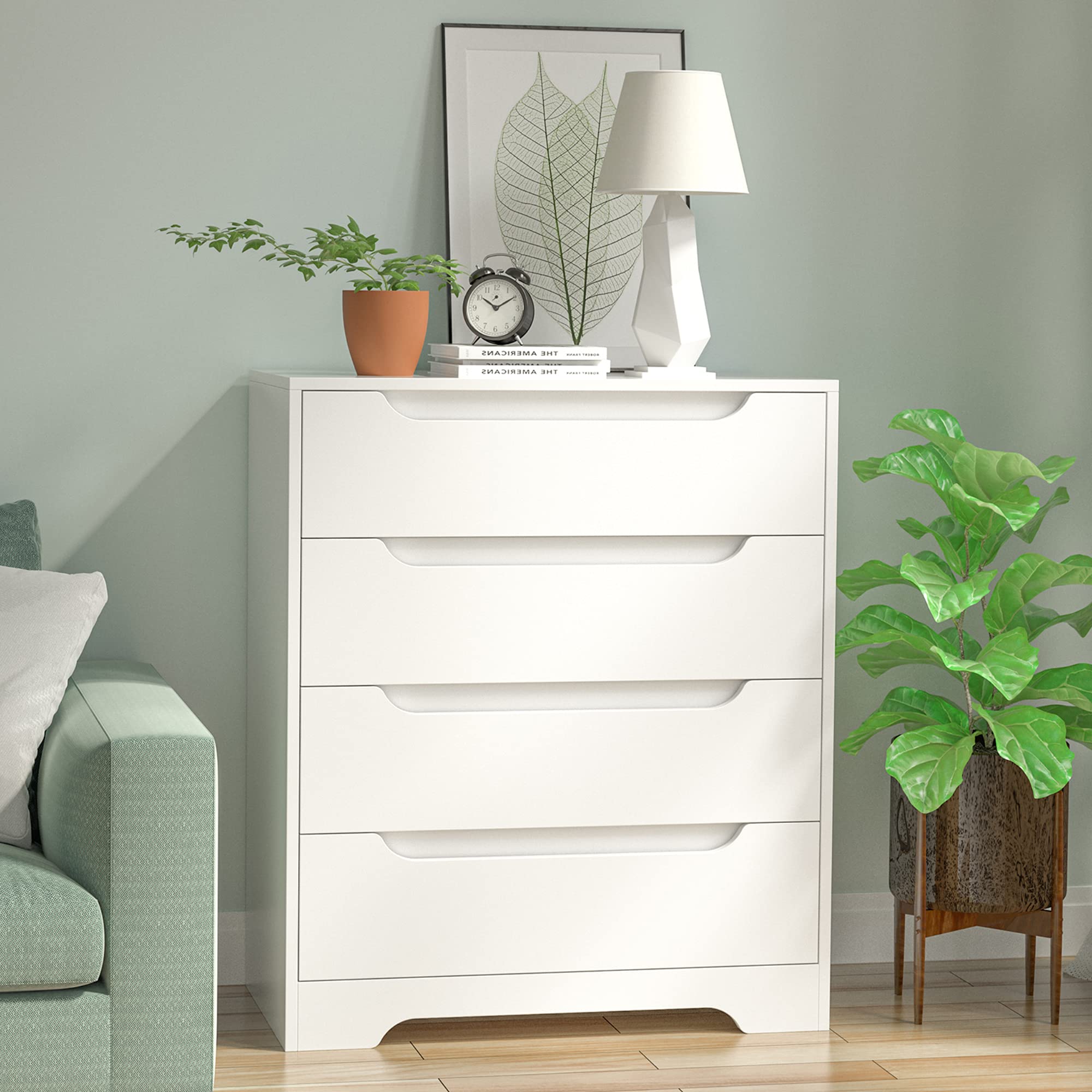Modern White 4-Drawer Chest with Cutout Handles - Wooden Storage Cabinet for Bedroom, Living Room, Home Office & Entryway - Accent Dresser with Stylish Design - Perfect for Organizing Clothes, Linens & Home Essentials