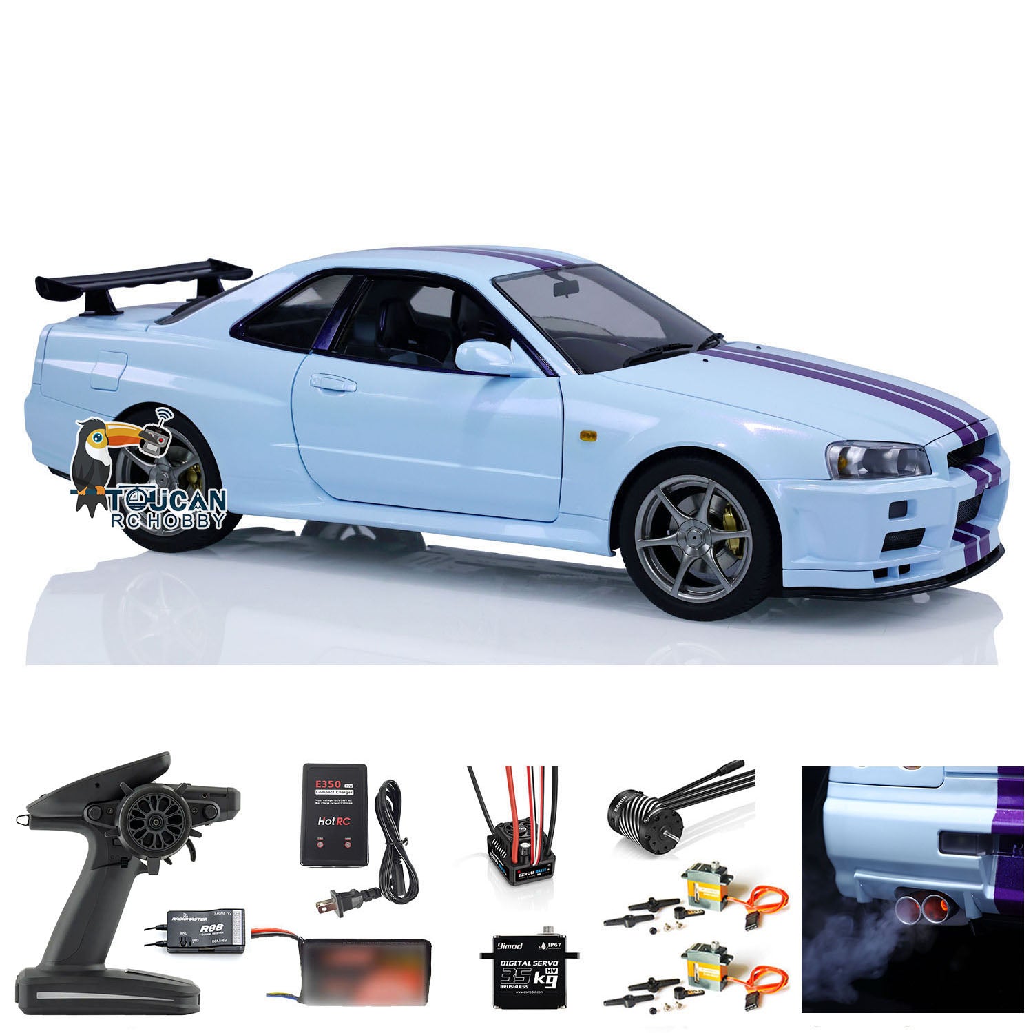 1/8 Scale 4WD Metal RC Racing Car - R34 4x4 High Speed Remote Control Drift Vehicle with Sound & Smoke Effects (RTR Ready-to-Run) - Perfect for Indoor/Outdoor Racing, Drifting & Off-Road Adventures