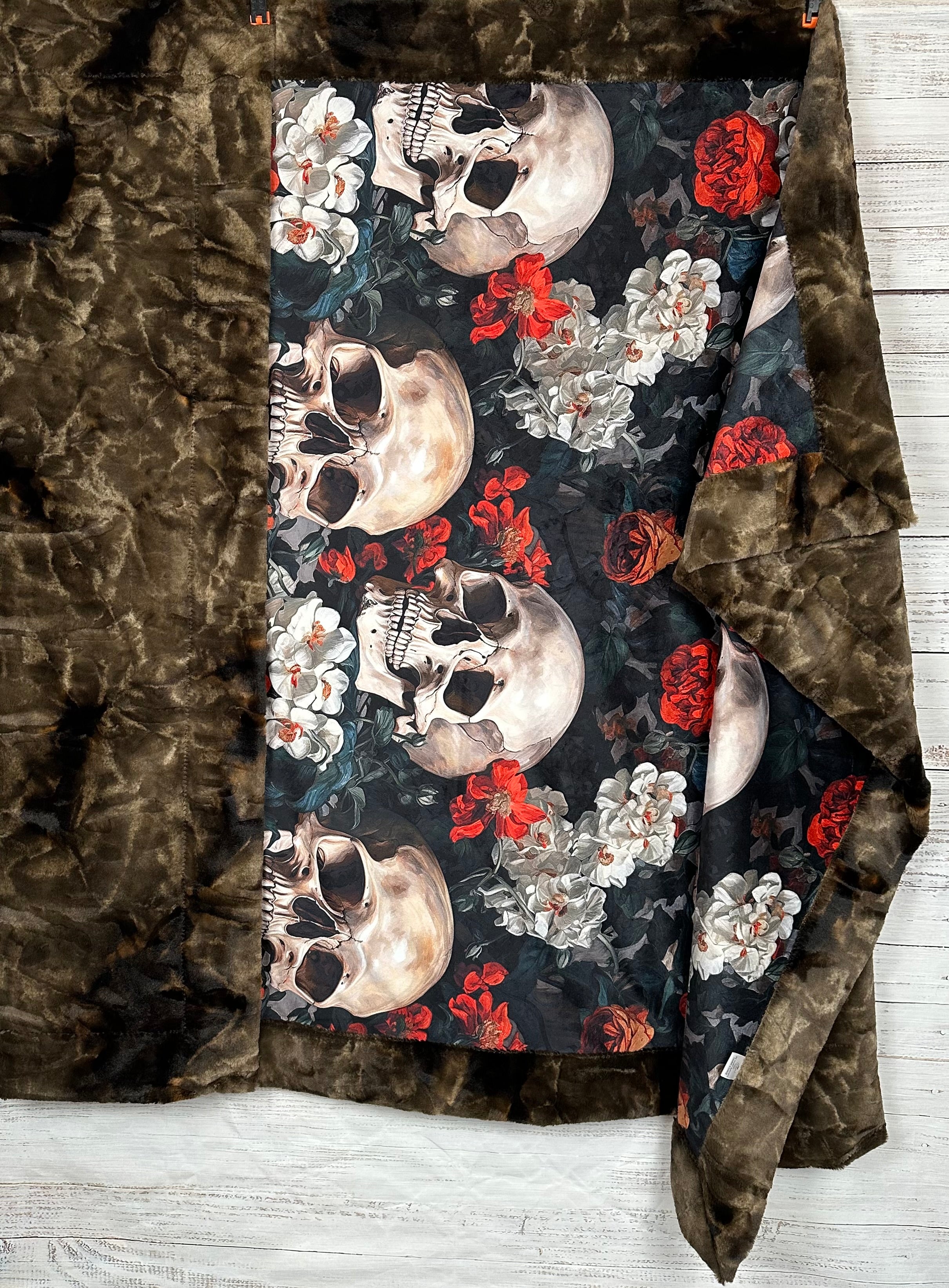 Blooming Skull Garden Design Brown Luxe Large 55x79 Inch Minky Blanket - Soft Cozy Throw for Bed, Couch & Home Decor