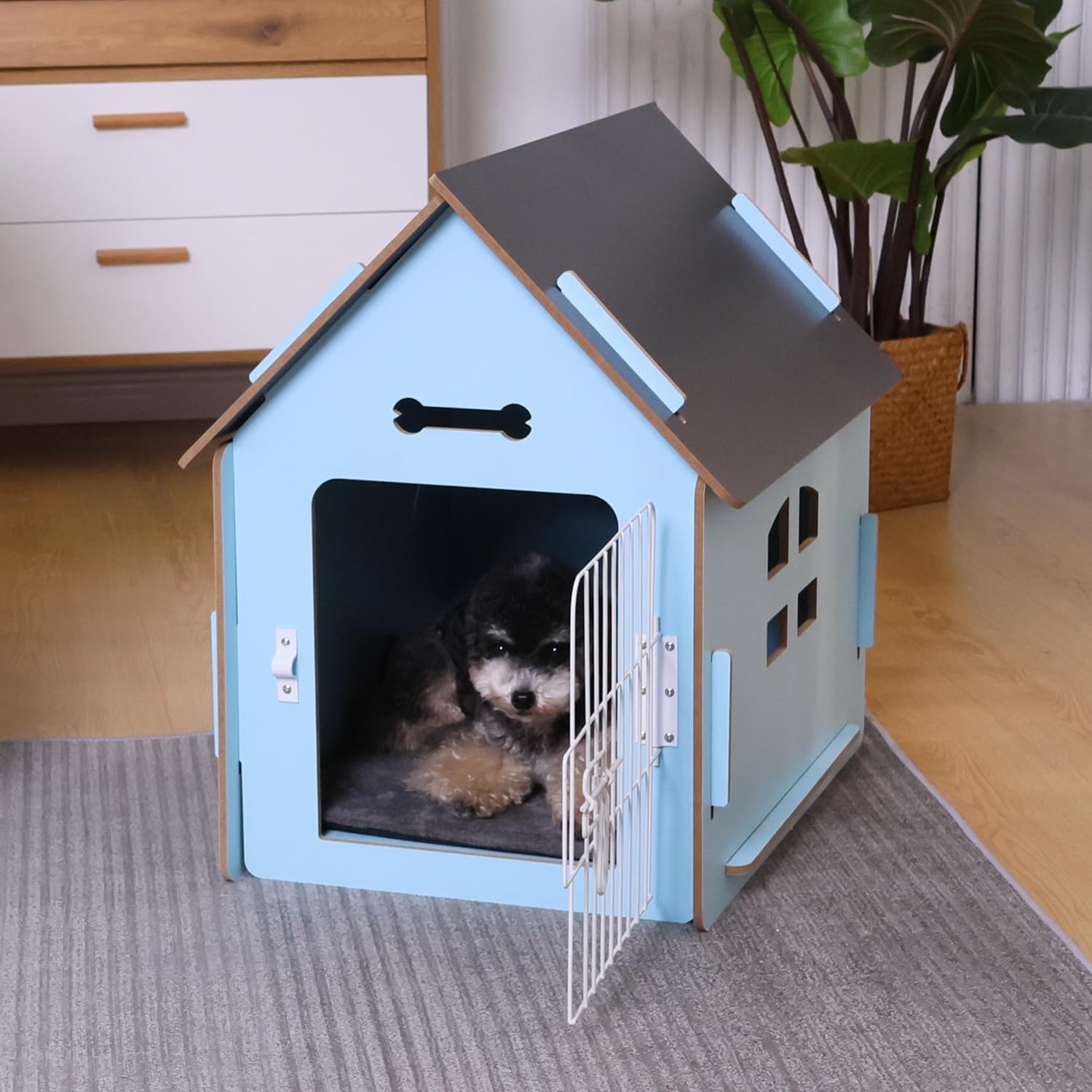 **Cozy Wooden Indoor Dog House for Small Dogs & Cats - Ventilated Design with Elevated Floor - Warm Pet Cave for Winter (Large, Blue) - Perfect for Bedrooms, Living Rooms & Pet-Friendly Spaces**