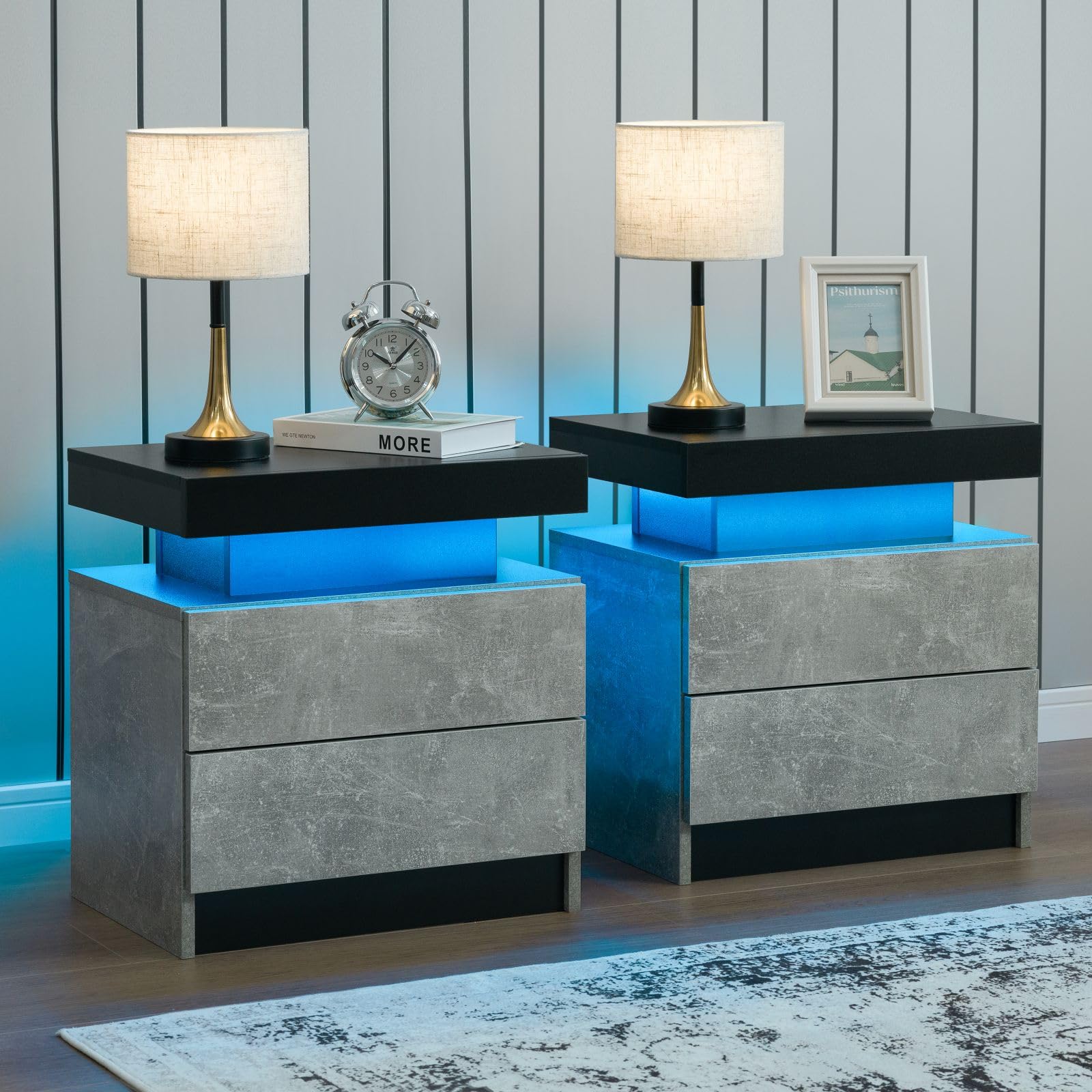 2-Drawer LED Nightstand Set of 2 - Modern Bedside Table with Touch Control Lights, Grey & Black Bedroom Furniture for Bedside Storage & Reading