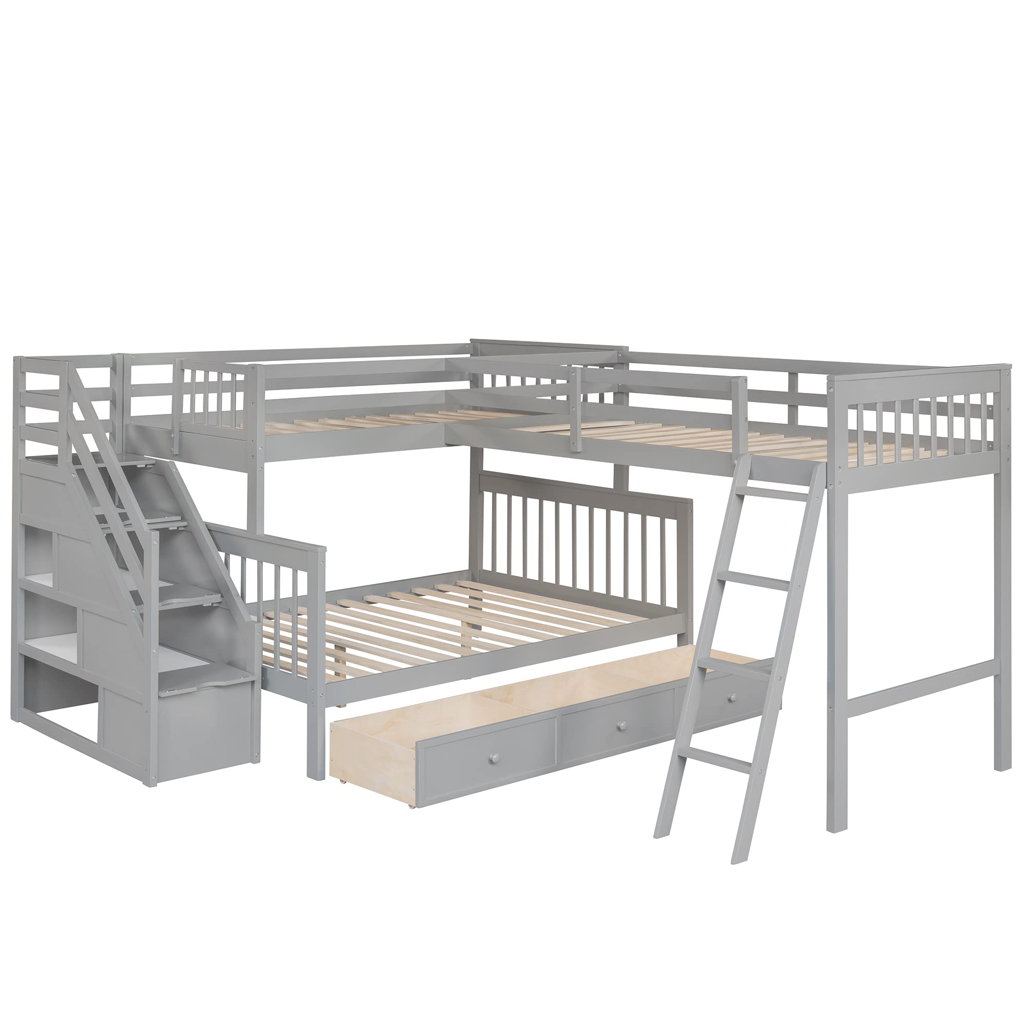 Modern L-Shaped Solid Wood Triple Bed with Storage Staircase - Twin over Full Bunk Bed with 3 Drawers, Loft Bed Frame with Ladder & Safety Guardrail for Adults, Teens & Kids - Space-Saving Solution for Small Bedrooms, Guest Rooms & Dorm Rooms (Grey)