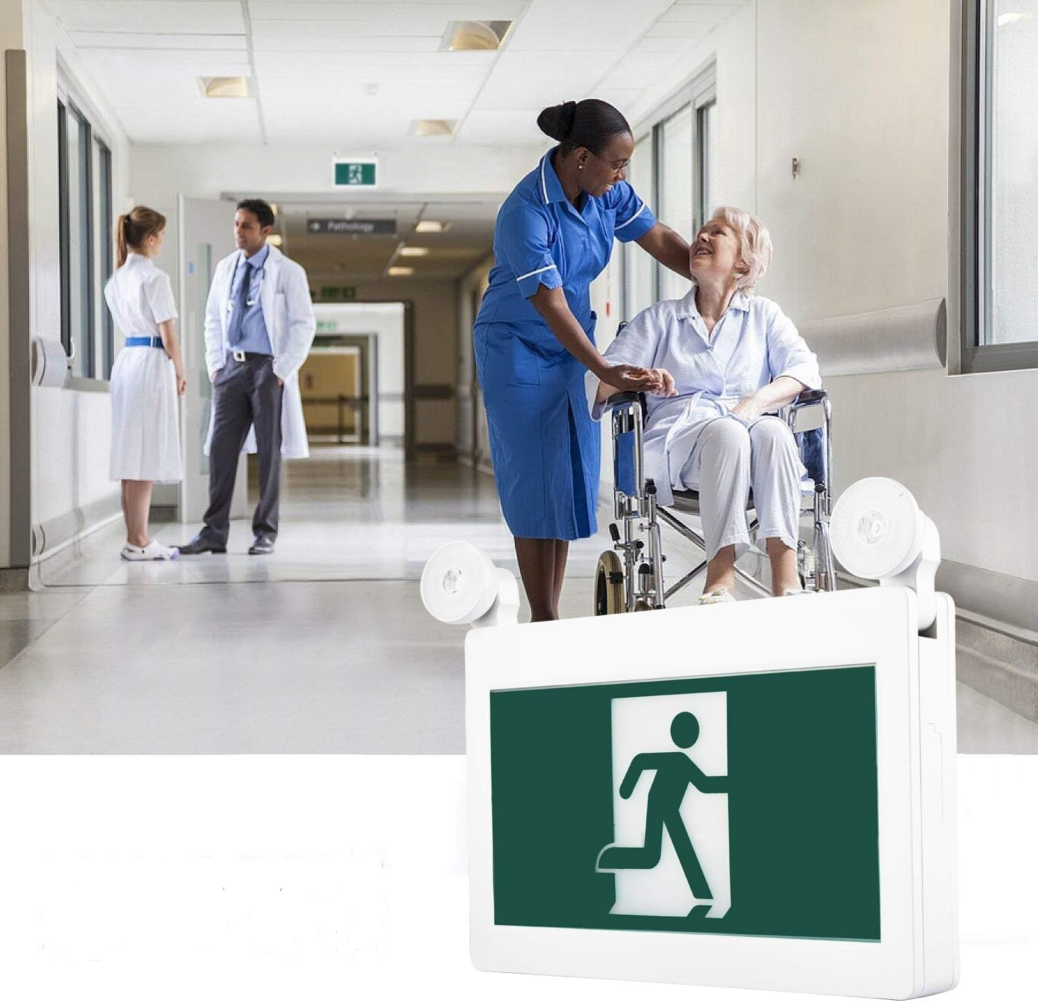 EXITLUX 2-Pack Green LED Emergency Exit Signs with Backup Batteries - Adjustable Dual-Head Exit Lighting, Double-Sided 120/347VAC - Running Man Symbol - Ideal for Commercial Buildings, Warehouses & Emergency Exits