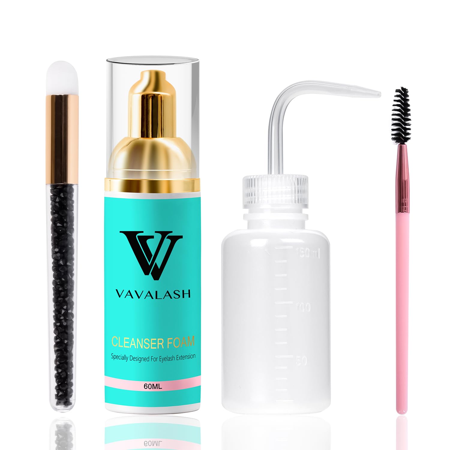 VAVALASH Eyelash Extension Shampoo Kit - 60ml Oil-Free Lash Cleanser with Brushes & Wash Bottle - Gentle Lash Care for Extensions & Self Care - Perfect for Salon, Home & Daily Eyelash Hygiene