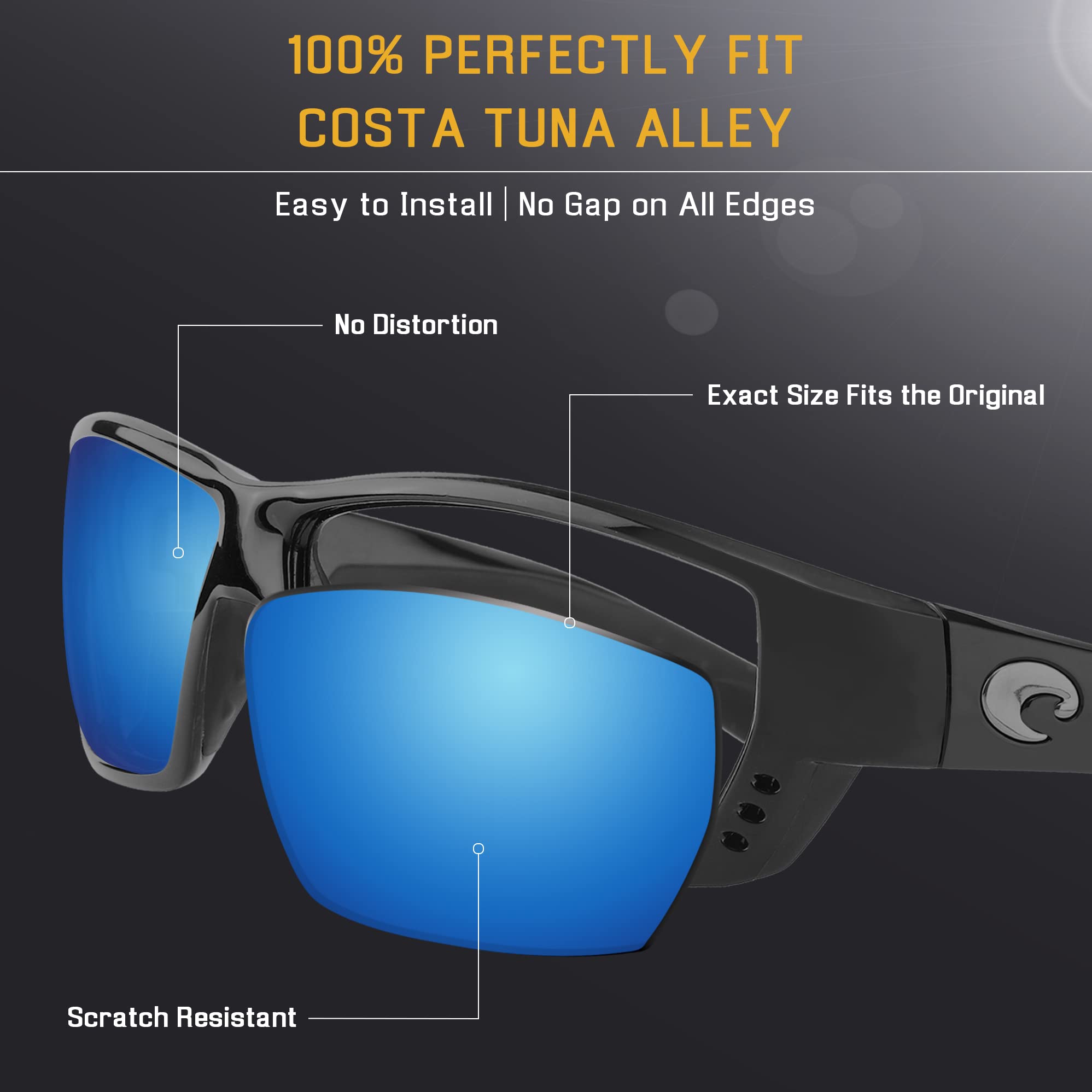 Bwake Polarized Replacement Lenses for Costa Del Mar Tuna Alley Sunglasses - Ice Blue Mirror Lens - UV Protection for Fishing, Boating & Outdoor Activities
