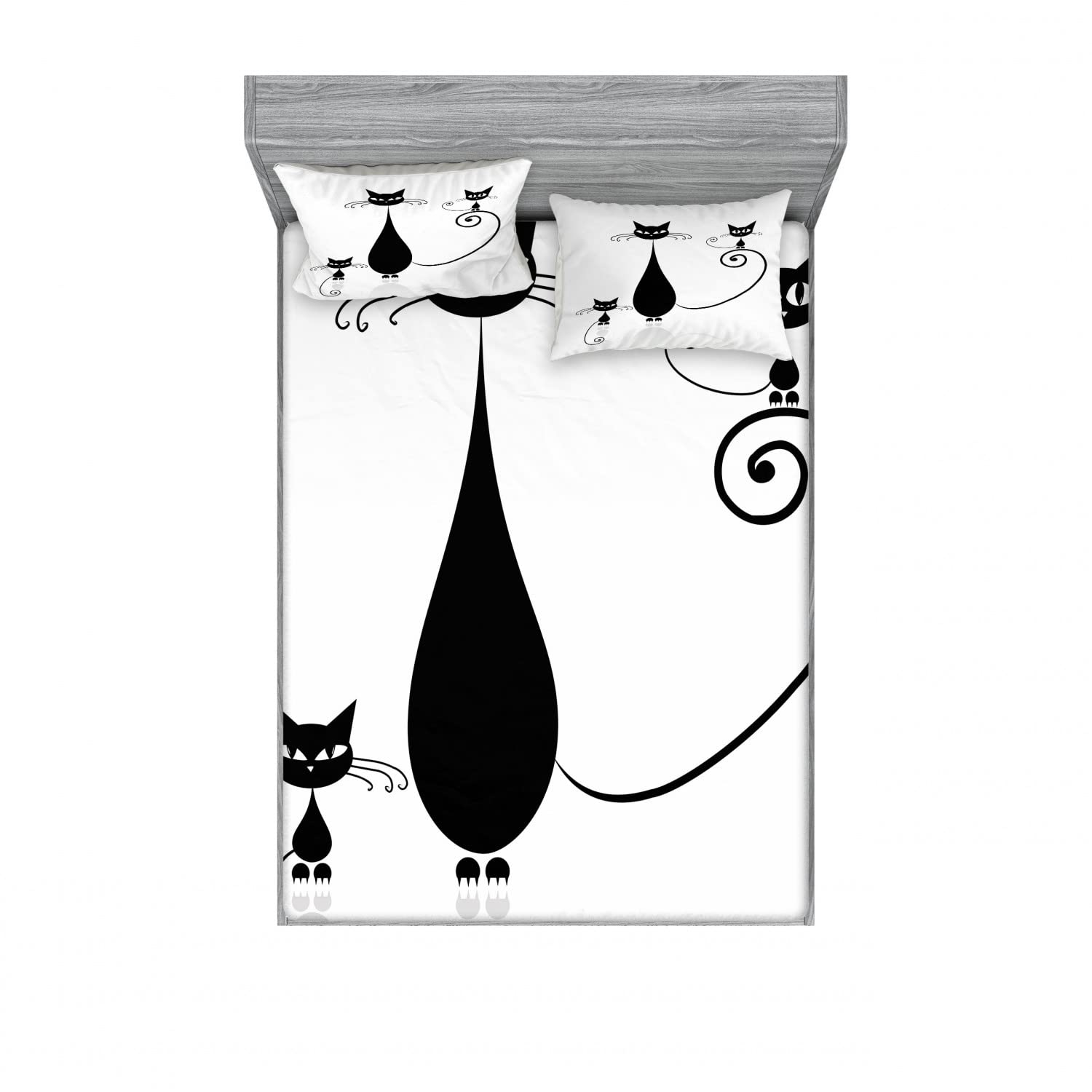 Lunarable Cat Lover 2-Piece Fitted Sheet & 4 Pillow Sham Set - Black and White Kitten Print Bedding Decor for Queen Size Beds | Perfect for Cat-Themed Bedrooms, Pet Lover Gifts & Cozy Home Decor
