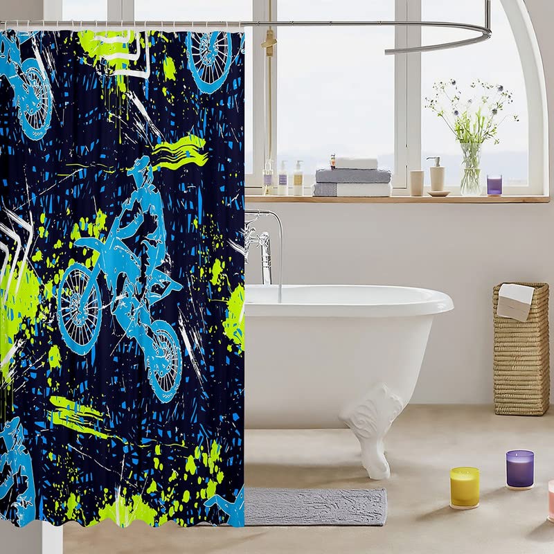 Dirt Bike Kids Shower Curtain - Extreme Sports Motocross Rider Bathroom Decor - Waterproof 72x72 Inch Polyester Shower Curtain Set for Boys & Girls - Perfect for Kids Bathroom, Teen Room, and Motocross Themed Decor