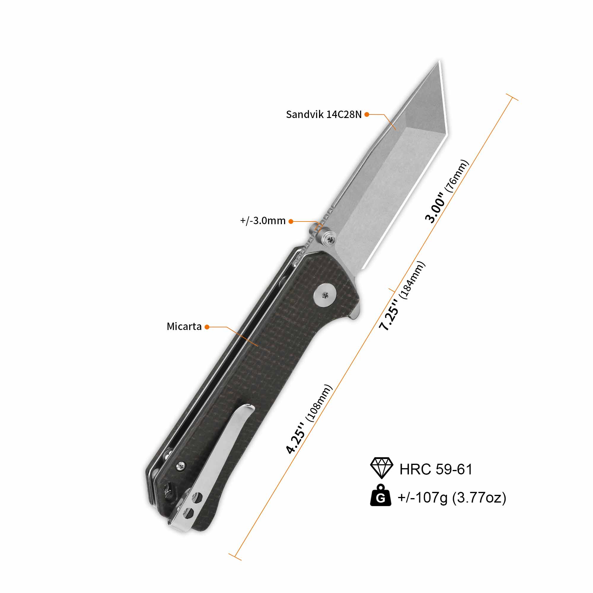 QSP Grebe T Button Lock Pocket Knife - 14C28N Stainless Steel Blade, Dark Brown Micarta Handle - EDC, Outdoor, Camping & Everyday Carry Knife