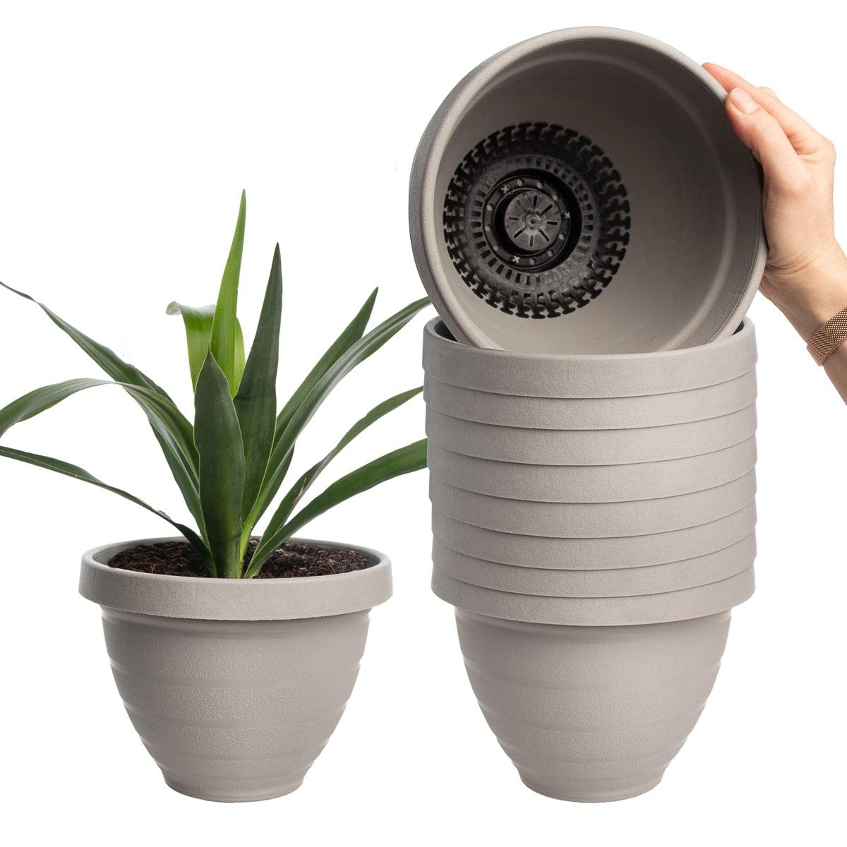 Attorner Gray 10-Pack Self-Watering 7.5 Inch Plastic Planters - Indoor/Outdoor Flower Pots & Urn Planters for Home Gardening, Patio, Balcony Decor
