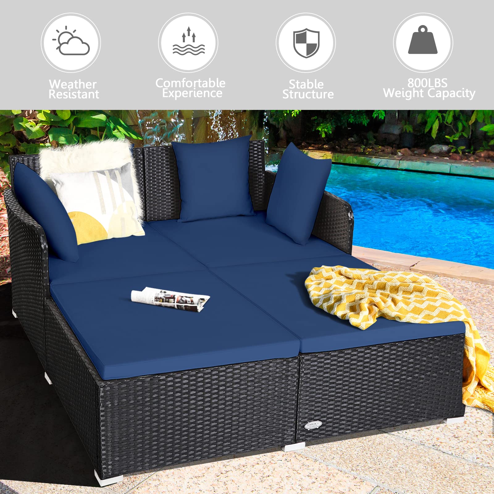 Outdoor Rattan Daybed with Comfortable Cushions & Pillows - Patio Loveseat Sofa Set with Metal Frame - Wicker Sunbed for Yard, Poolside, Garden, Porch or Living Room - Navy Blue - Perfect for Relaxing, Lounging & Sunbathing