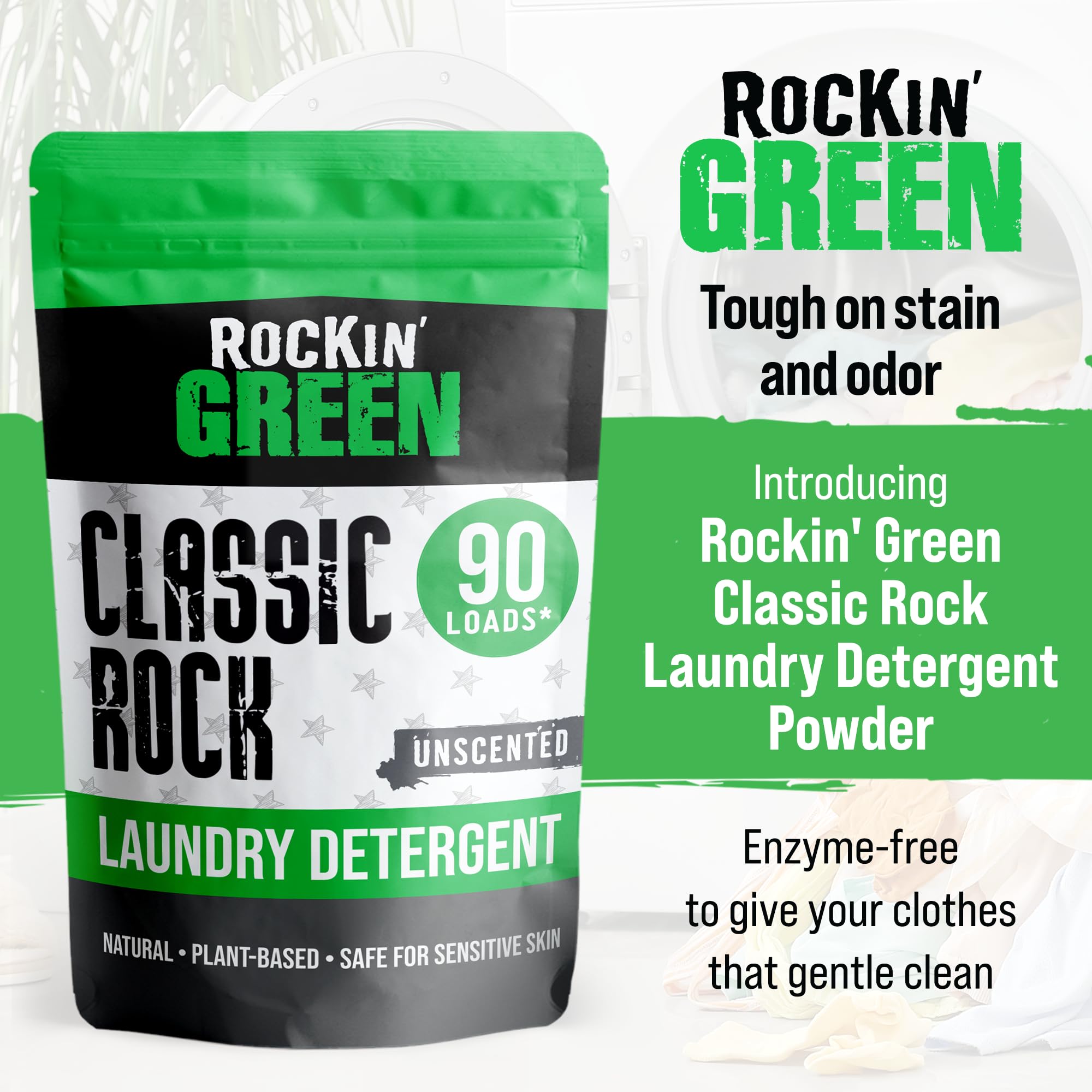 Rockin' Green Classic Rock Laundry Detergent Powder - 90 Loads | All-Natural, Unscented Laundry Detergent for Sensitive Skin | Eco-Friendly & Hypoallergenic for Baby Clothes, Workout Gear & Everyday Laundry