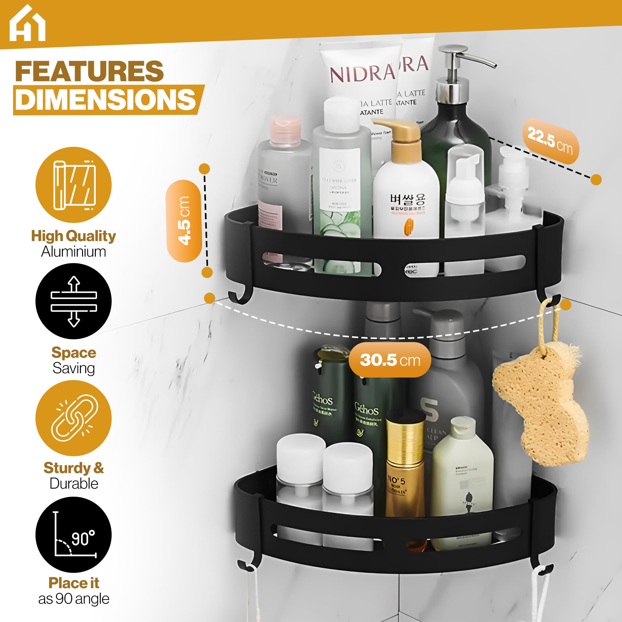 SHATROSSO® 2-Pack Black Aluminum Corner Shelf for Bathroom - No Drill Self-Adhesive Wall Mounted Bathroom Organizer - Perfect for Shower, Toilet, and Vanity Storage