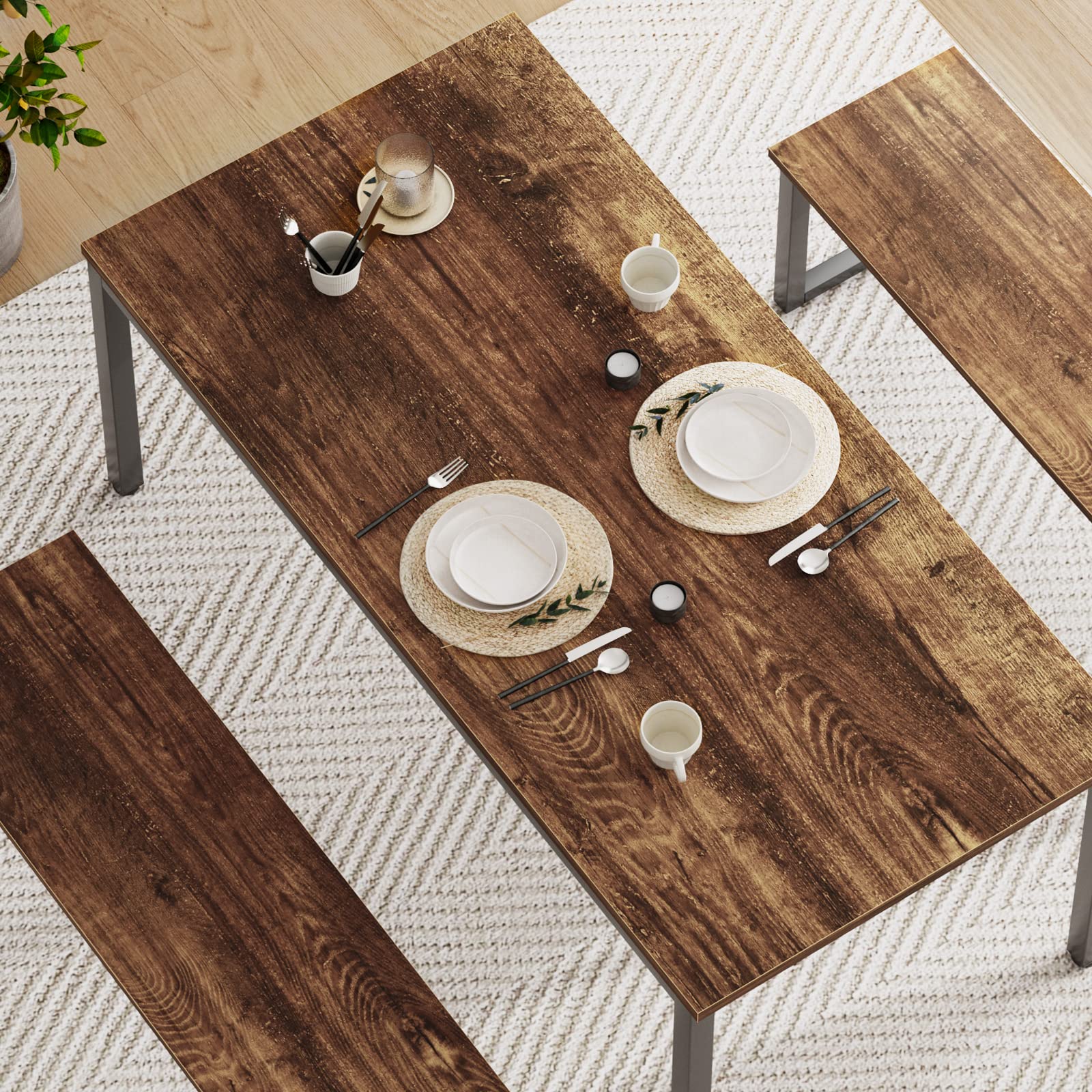 Soges 3-Piece Industrial Style Wooden Kitchen Table Set with 2 Benches - Dining Room Table for 4, Breakfast Nook & Coffee Table - Perfect for Small Spaces, Apartments & Farmhouse Kitchens