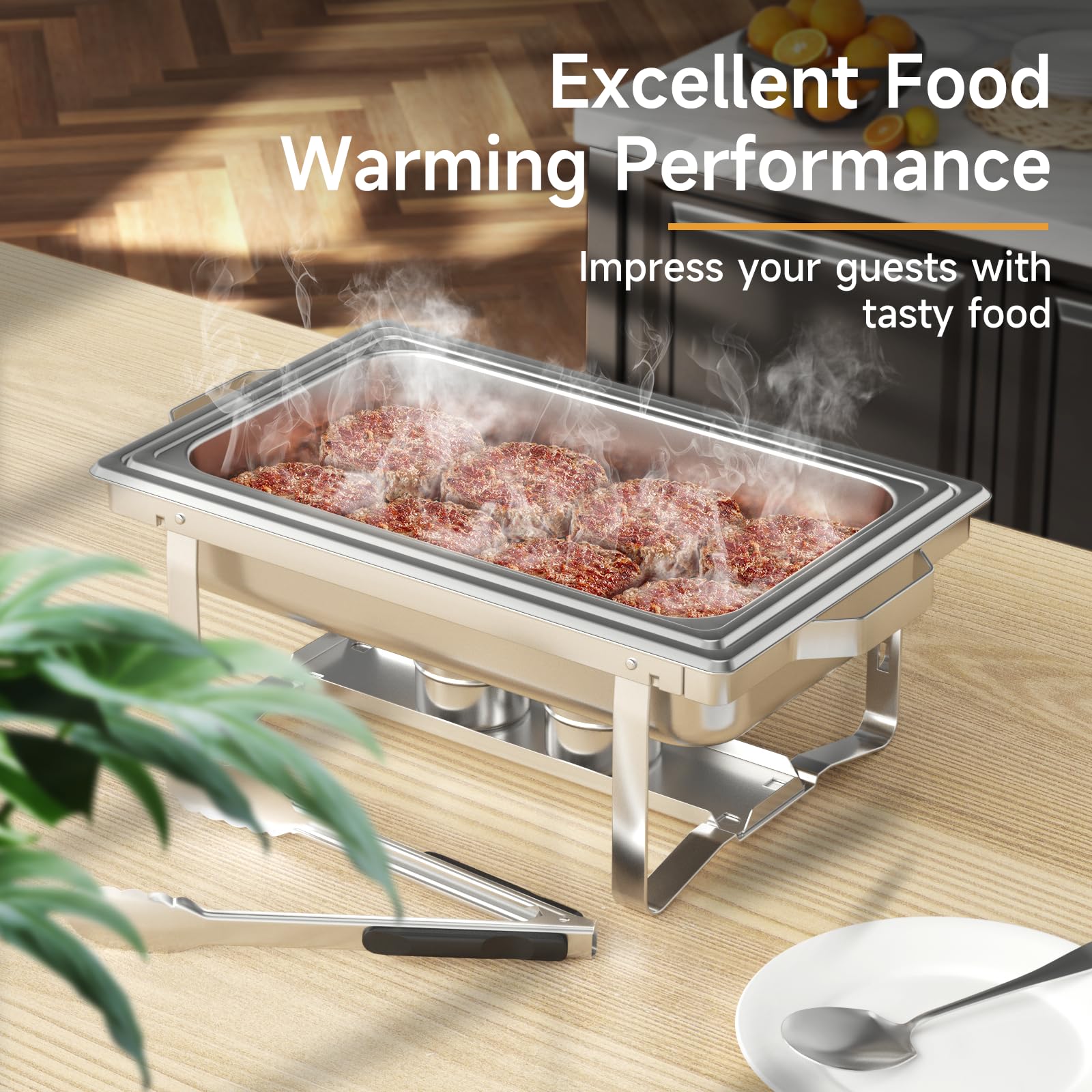 4-Pack 9.5QT Stainless Steel Chafing Dish Buffet Set with Gray Handles - Commercial Grade Catering Supplies for Restaurants, Weddings & Buffet Serving (Silver)