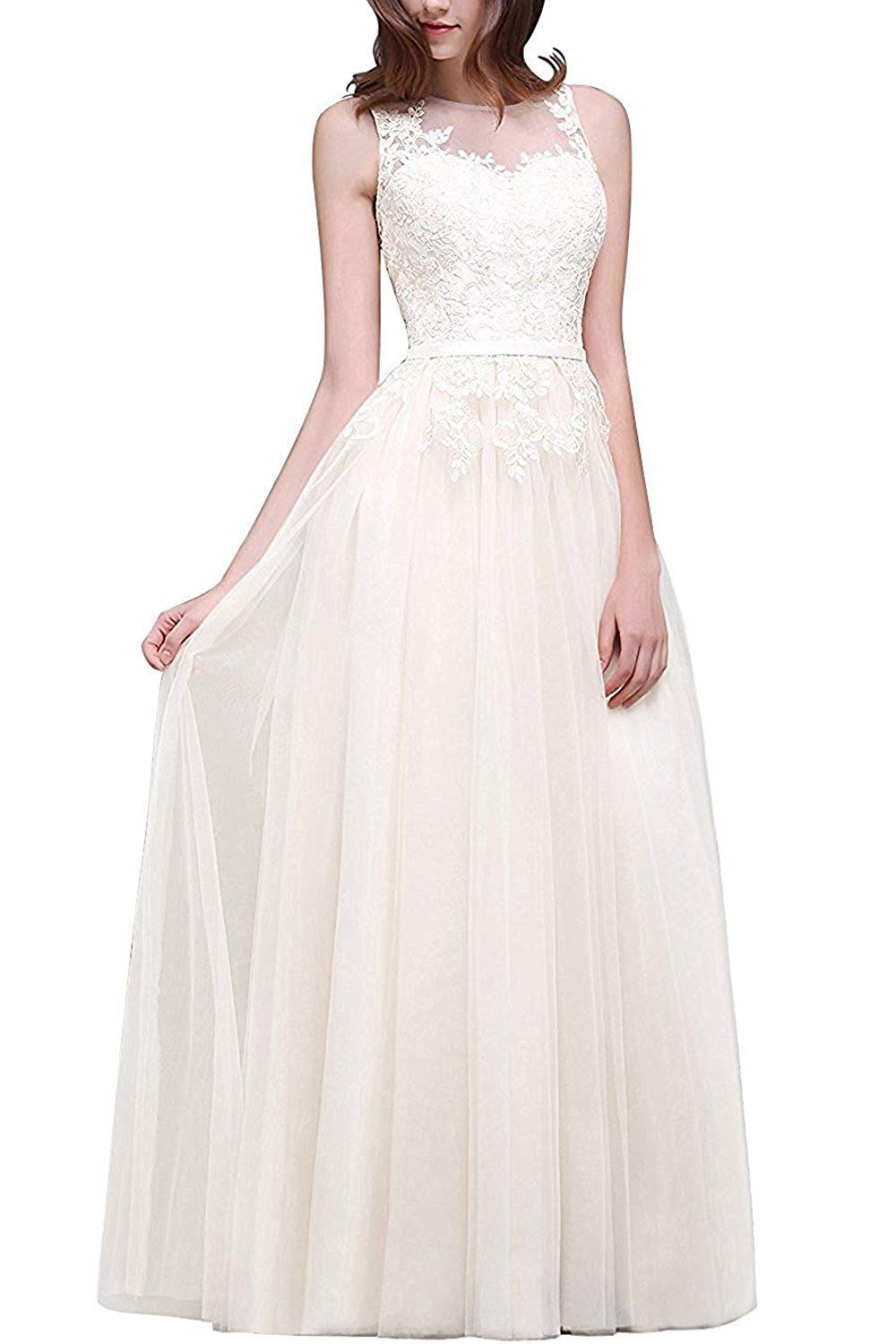 Faironline Women's Sheer Appliques Bridesmaid Dress Long Wedding Ball Gowns - Elegant Formal Gowns for Bridesmaids, Prom, Evening Parties & Special Occasions