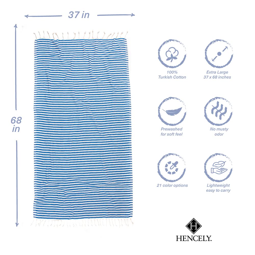 Premium Stripe Turkish Beach Towel Set of 6 - Soft & Absorbent Aqua Blue Bath Towels for Pool, Beach, Spa & Yoga - Quick Dry Lightweight Travel Towels