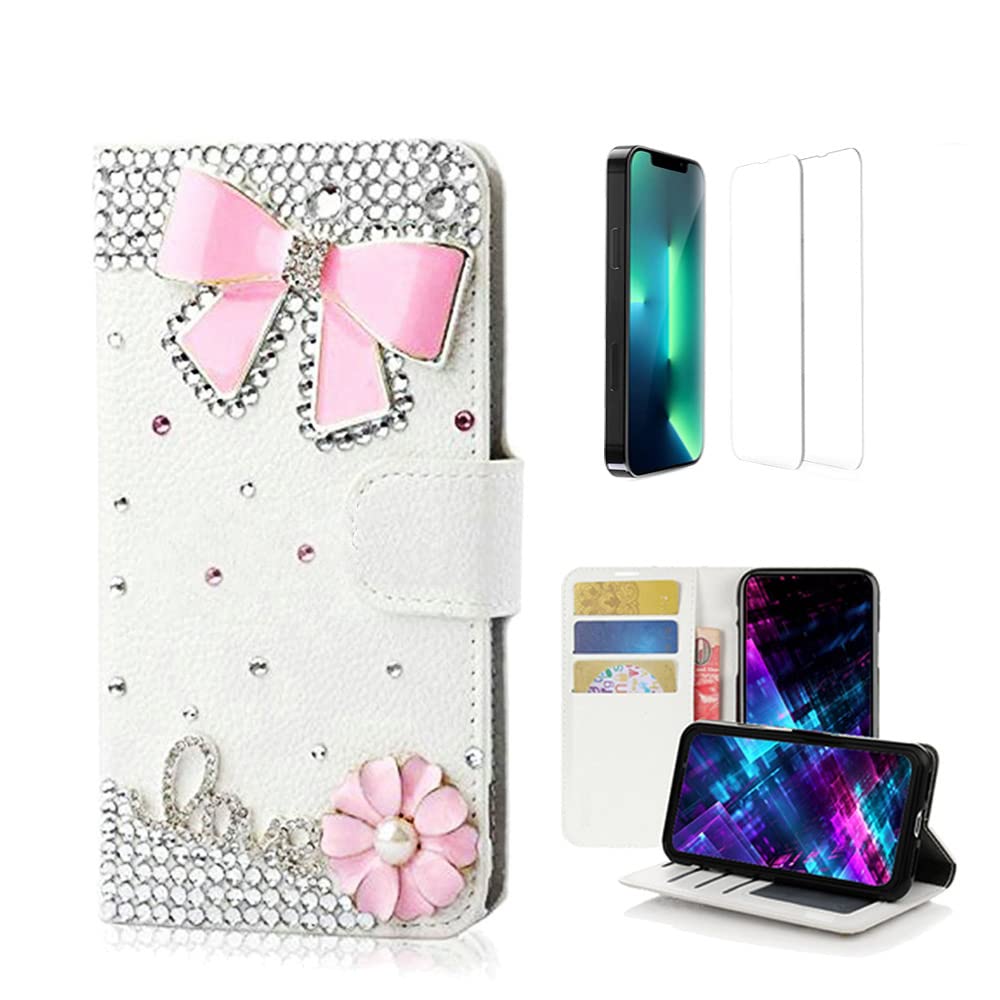 Sparkly Glitter Bling Leather Wallet Phone Case for iPhone 13 Pro Max - 3D Handmade Crystal Bow Design with Screen Protector [2 Pack] - Perfect for Parties, Gifts & Everyday Use