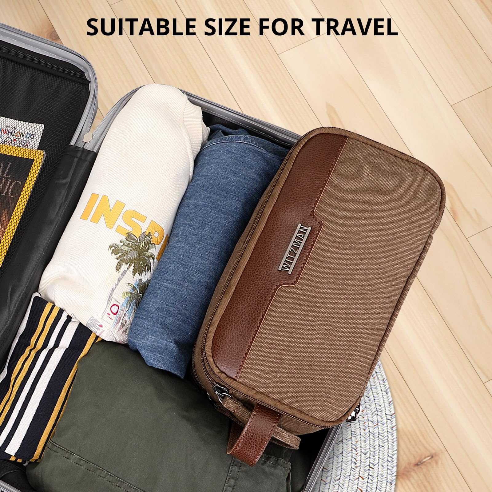 WITZMAN Large Canvas Toiletry Bag for Men - Waterproof Hanging Dopp Kit with Leather Trim, Spacious Travel Bathroom Organizer (Brown A8002) - Perfect for Gym, Camping & Business Trips