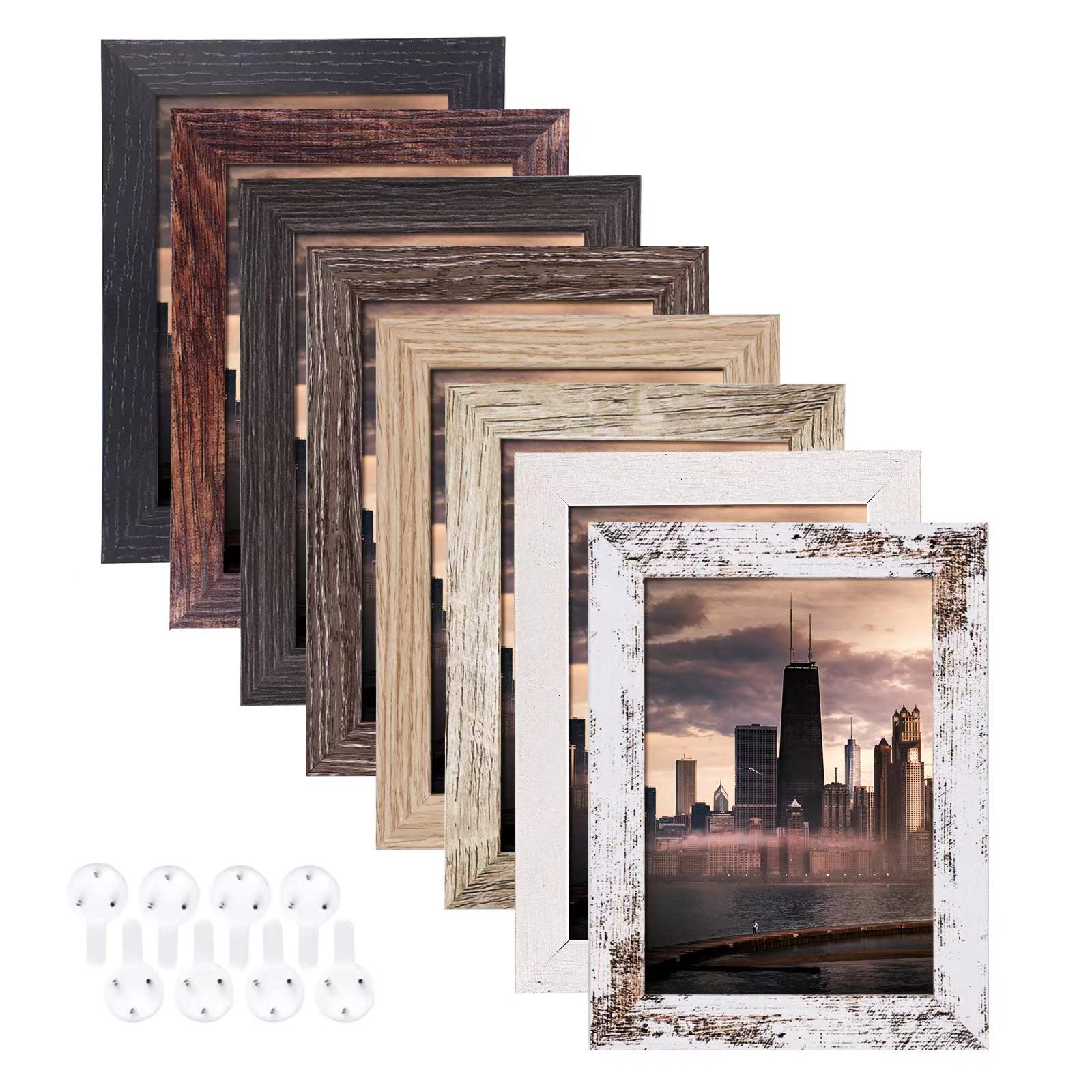 8 Pack 4x6 Rustic Picture Frames Set - Multi Wood Color Wall & Tabletop Photo Frames - Vertical & Horizontal Formats for Home & Office Decor - Perfect for Family Photos, Wedding Displays & Rustic Interior Design