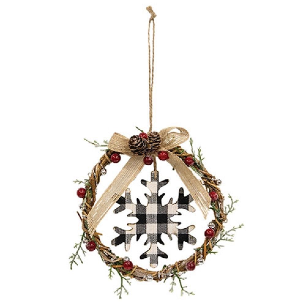 Mini Christmas Wreath with Black & White Buffalo Check Snowflake - Rustic Holiday Decor for Front Door, Fireplace & Winter Home Decorations
