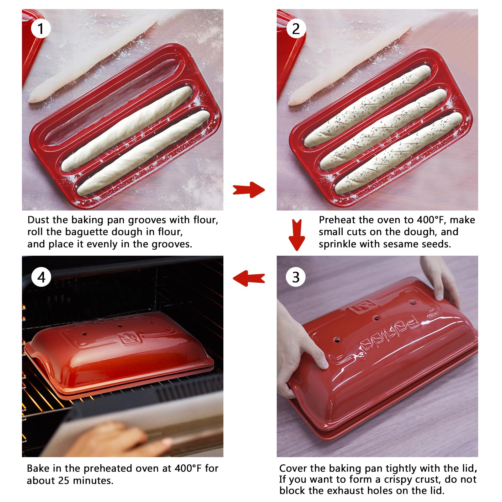 French Bread Baking Pan with 3 Independent Slots & Cover - Ceramic Rectangular Loaf Pan for Even Heating & Crispy Crusts | Perfect for Homemade Artisan Bread, Sourdough & Baguettes