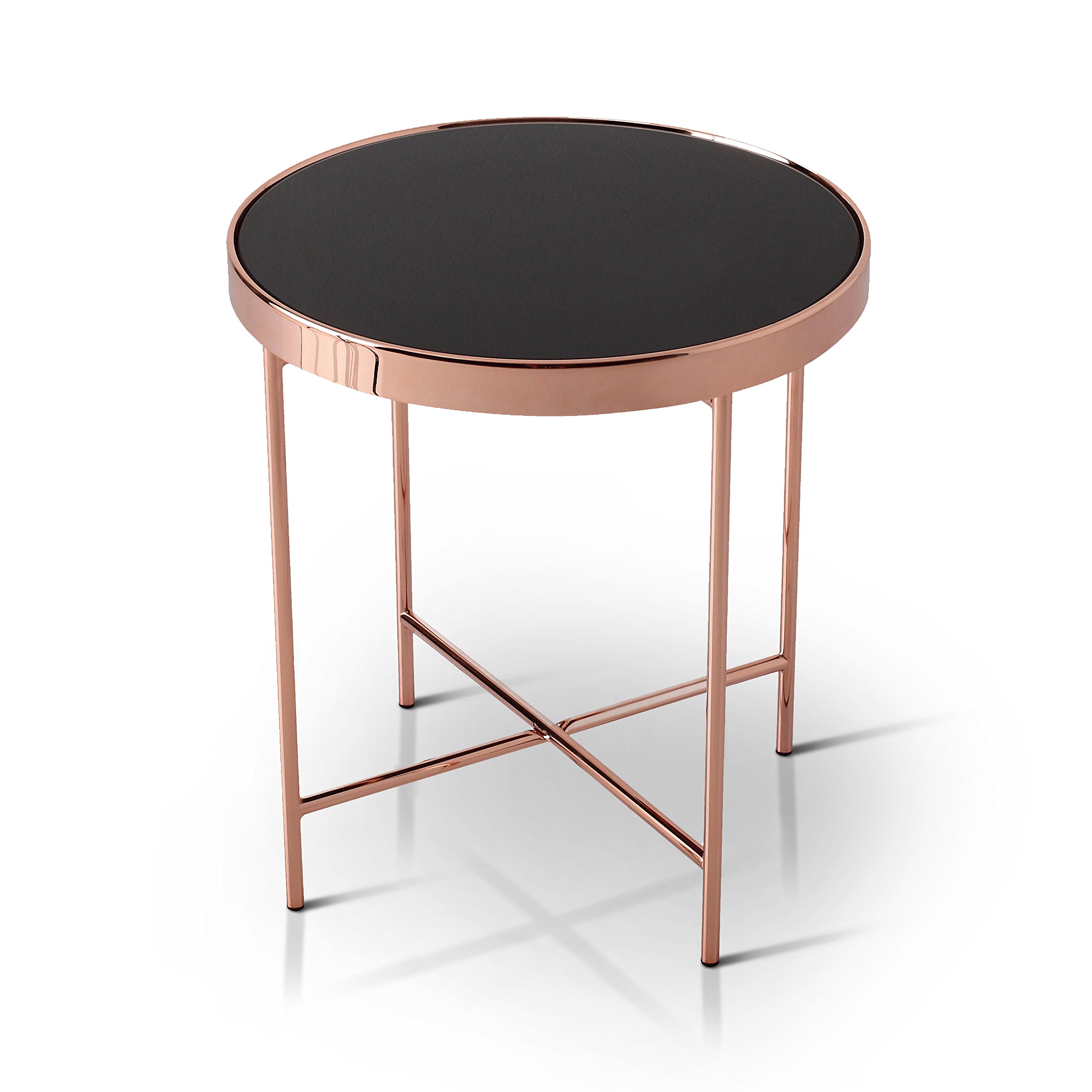 Fawn Contemporary End Table with Glass Top - Black & Rose Gold Accent - Modern Side Table for Living Room, Bedroom, or Office Decor