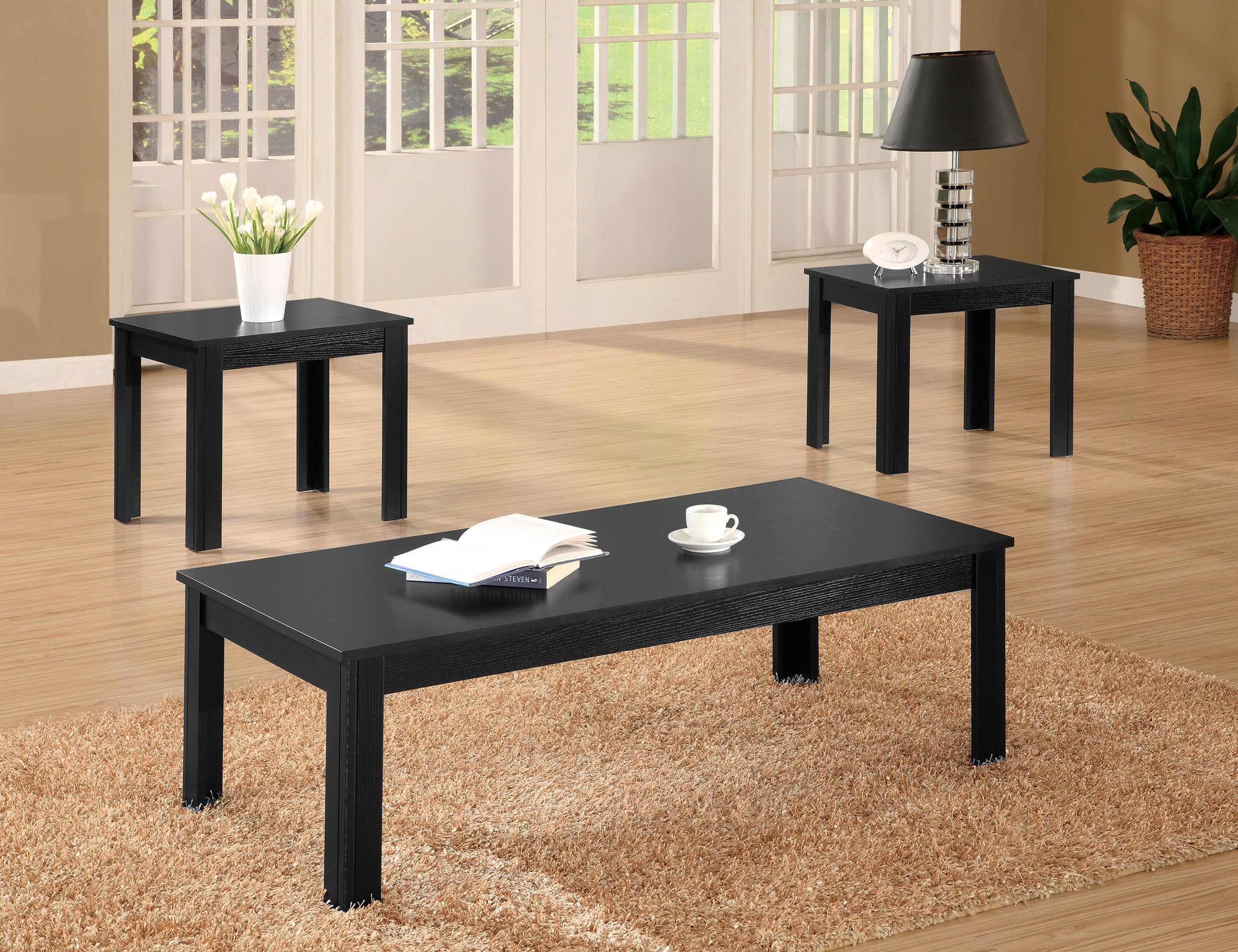 Coaster Furniture 3-Piece Black Occasional Table Set with Glass Top - Modern Living Room, Bedroom & Office Side Tables (Model 700225)