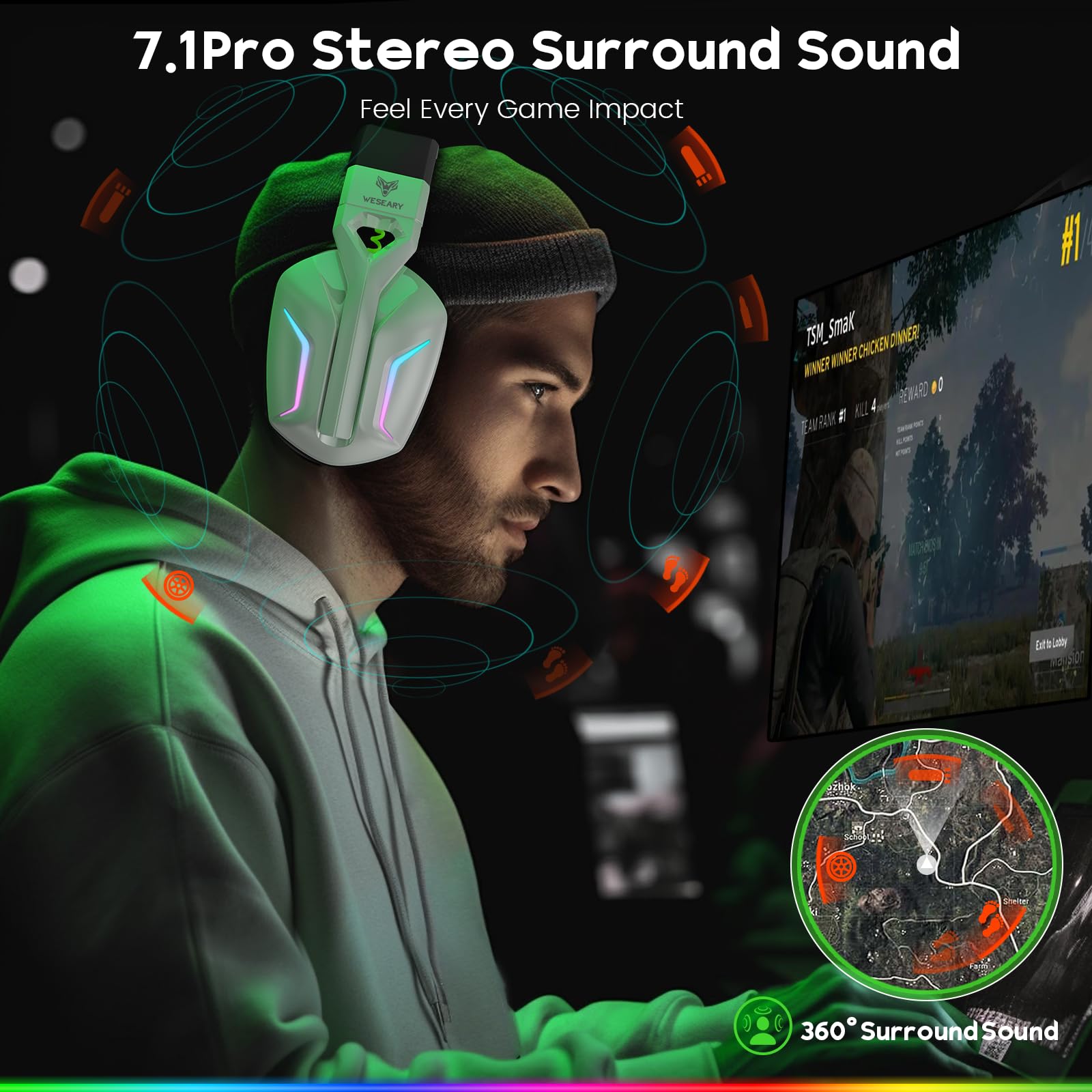 Wireless Gaming Headset for PS5, PC, PS4, Switch & Mac - 2.4GHz USB & Bluetooth 5.4 Headphones with Microphone, 50Hr Battery, RGB Lights & Ergonomic Design - Perfect for Competitive Gaming, Streaming & Online Meetings
