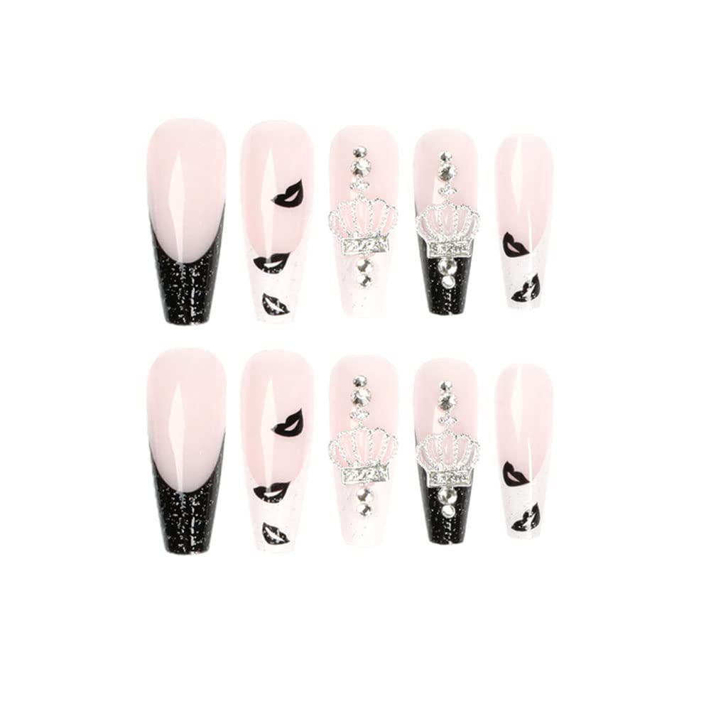 24Pcs Press on Nails - Long Coffin Fake Nails with Glossy Crown Design, Ballerina Clip on Full Cover False Nails for Women & Girls | Perfect for Parties, Weddings, Date Nights & Special Occasions