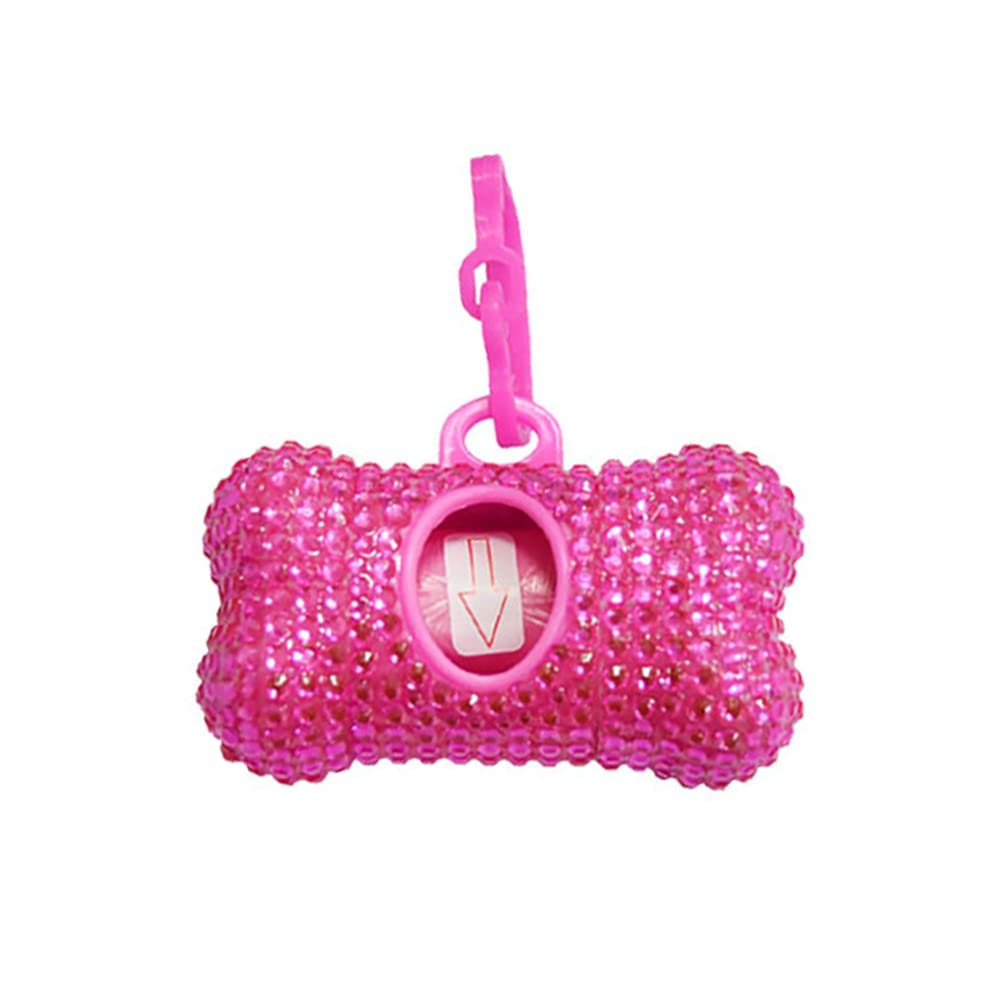 Bling Dog Poop Bag Dispenser Holder - Bone Shaped Hot Pink Pet Waste Disposal System with Trash Bags for Easy Cleanup - Perfect for Walking Dogs in Parks, Backyards & Neighborhoods