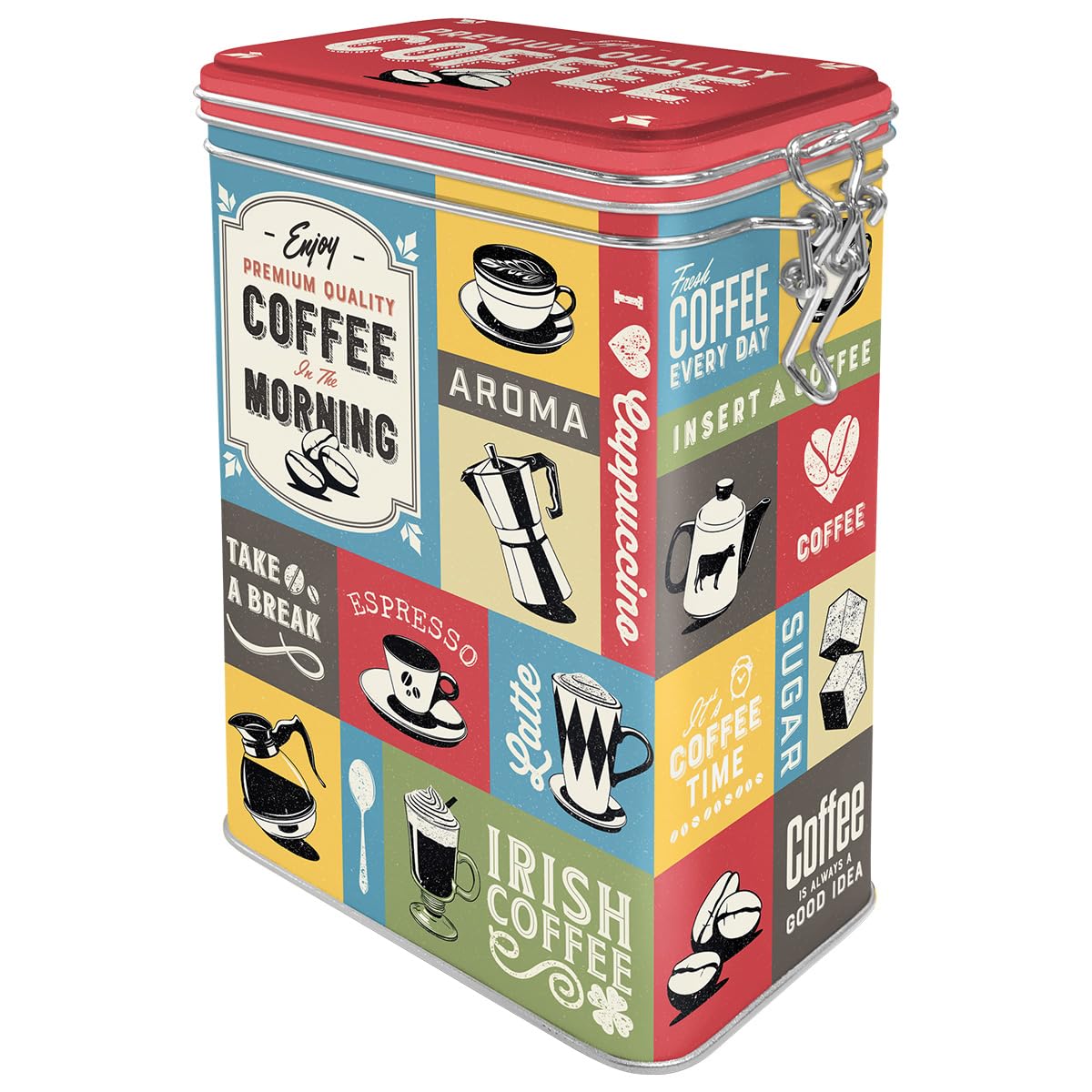 Vintage Retro Coffee Tin Box 44 oz - Decorative Metal Clip Top Can with Coffee Collage Design - Perfect Gift for Coffee Lovers - Ideal for Home Decor, Kitchen Storage & Coffee Enthusiast Collections