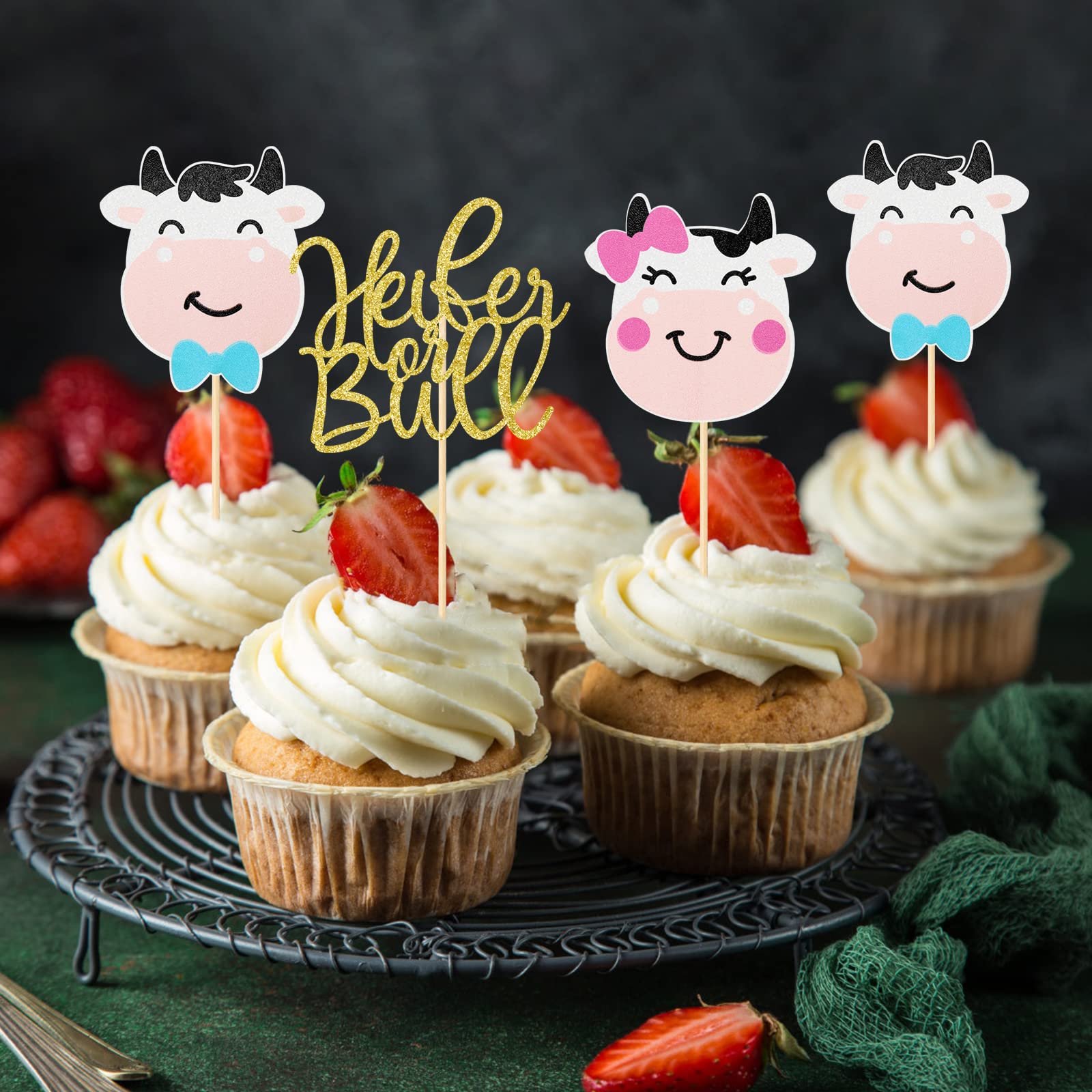 12Pcs Cow Gender Reveal Cupcake Toppers - Heifer & Bull Baby Shower Decor for Farm Theme Parties, Gender Reveal Celebrations & Baby Showers