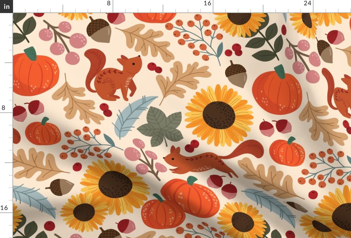 Autumn Garden with Squirrels Printed Satin Fabric Fat Quarter - Premium Spoonflower Fabric for Sewing, Lining, Apparel, Fashion, Blankets & Home Decor - Perfect for DIY Crafts, Quilting, and Seasonal Home Decoration