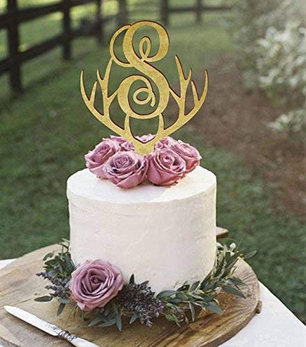 Personalized Monogram Deer Antlers Cake Topper - Single Letter Wedding Cake Decor for Rustic, Country, or Outdoor Themed Celebrations