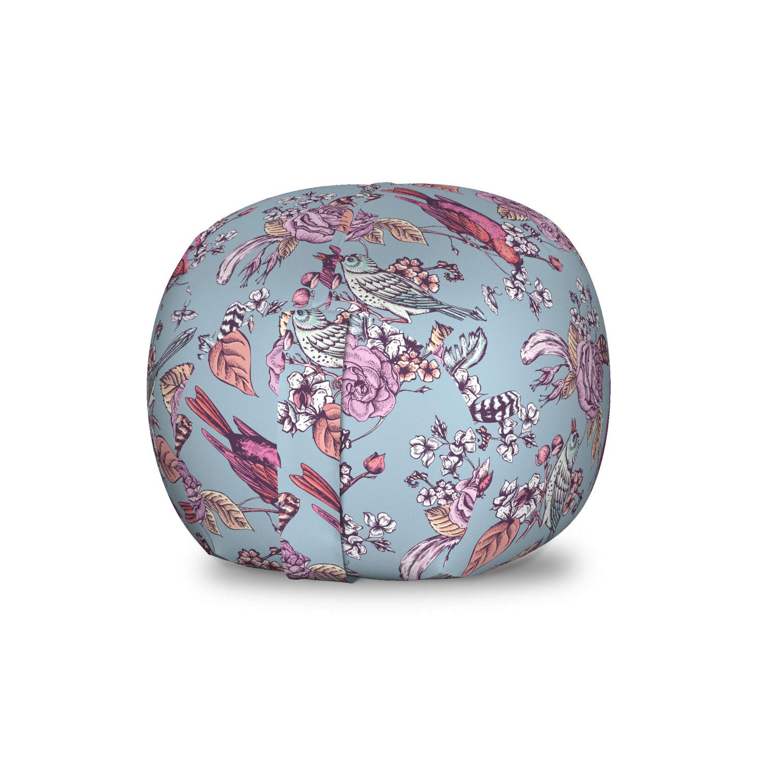 Ambesonne Spring Storage Toy Bag Chair - Vintage Engraving Style with Birds & Flowers, Washable Stuffed Animal Organizer, Small Multicolor - Perfect for Kids' Room, Nursery, or Playroom Organization