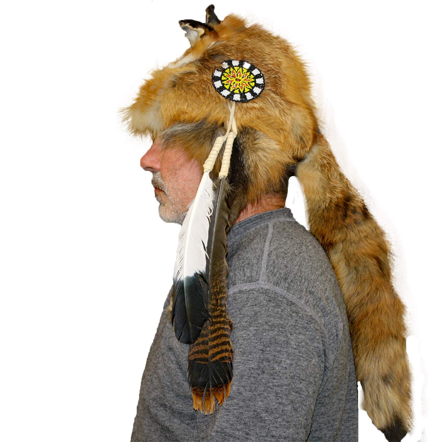 Premium Red Fox Fur Mountain Man Hat with Feathers & Rosette - Warm Winter Trapper Hat for Outdoor Hunting, Camping & Cold Weather Fashion