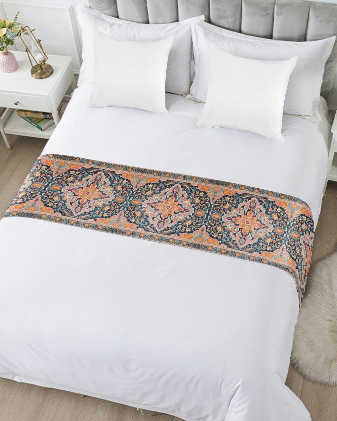 King Size Bed Runner - Pink, Orange & Blue Geometric Throw Scarf for Foot of Bed | Luxury Ethnic Mid-Century Design Bedding Protector (94