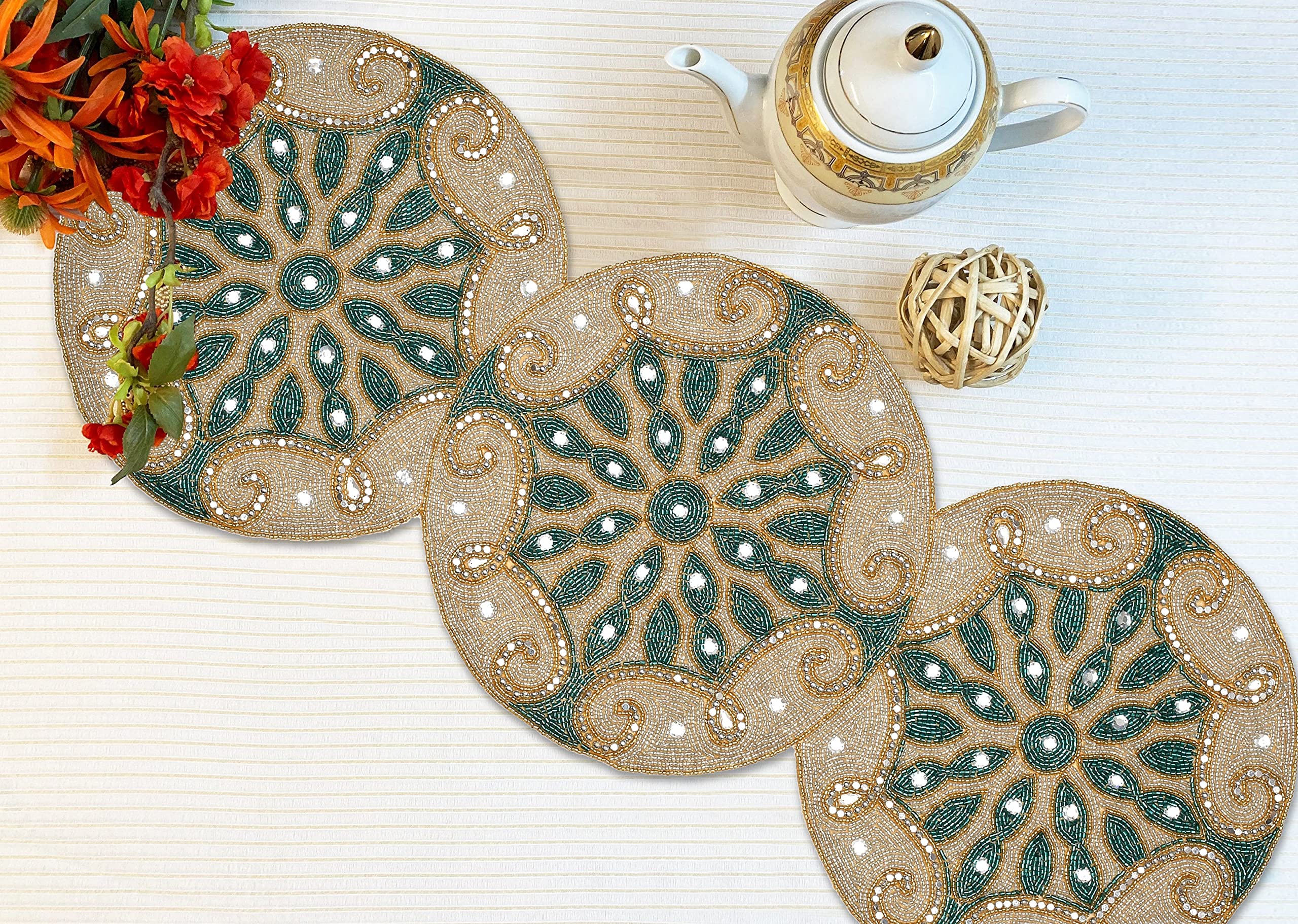 13x36 Beaded Table Runner - Glitz Decorative Farmhouse Rustic Tablecloth for Wedding, Christmas & Holiday Decor in Silver, Teal & Gold | Perfect for Bridal Showers, Dinner Parties & Seasonal Home Decor