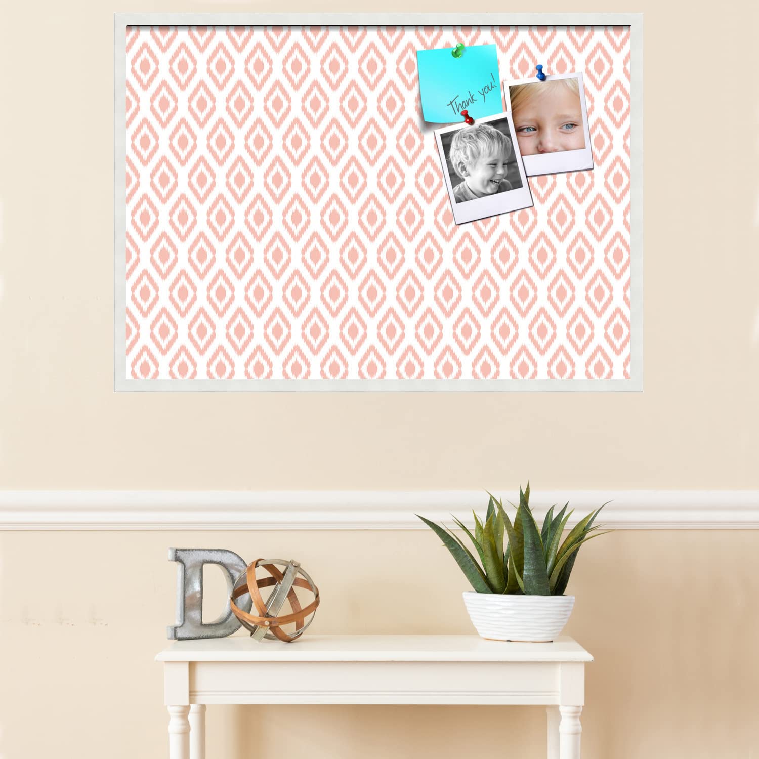 PinPix 40x28 Inch Cork Bulletin Board with Ikat Grapefruit Design & Satin White Frame - Decorative Wall Organizer for Home Office, School Classroom, Dorm Room & Workspace - Perfect for Notes, Photos, Reminders & DIY Projects (PinPix-1632)