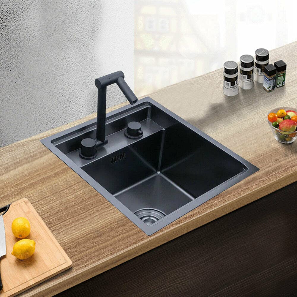 TFCFL Square Drop-in Single Bowl Kitchen Sink with Folding Faucet, Hidden Drain Pipe, Stainless Steel Design for Kitchen, Restaurant, Bar (Black) - Ideal for Modern and Compact Spaces