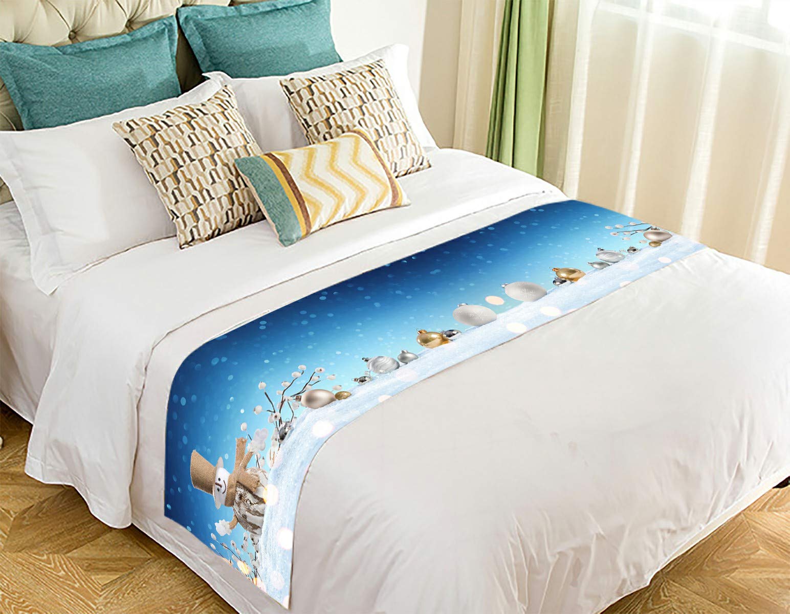 ECZJNT Snowman Baubles Snow Bed Runner Scarf - 20x95 Inch Winter Holiday Bed Decor for Christmas Bedding, Perfect for Festive Home Decor & Seasonal Bedroom Styling