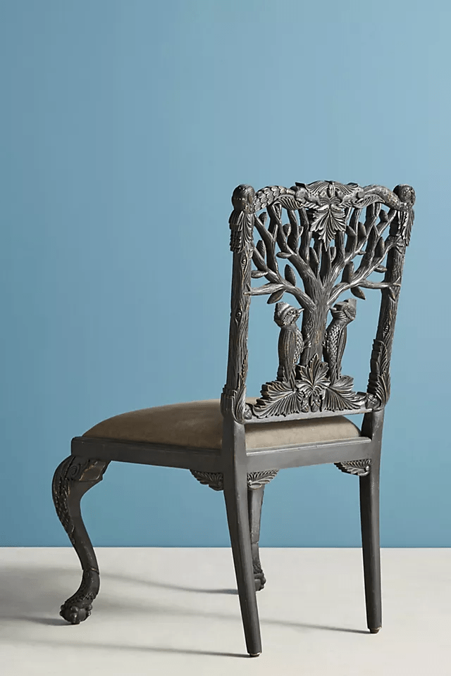 Hand Carved Woodpecker Dining Chair - Solid Wood Black Accent Chair for Kitchen, Dining Room, or Home Office | Elegant Wooden Table Chair for Modern & Rustic Decor
